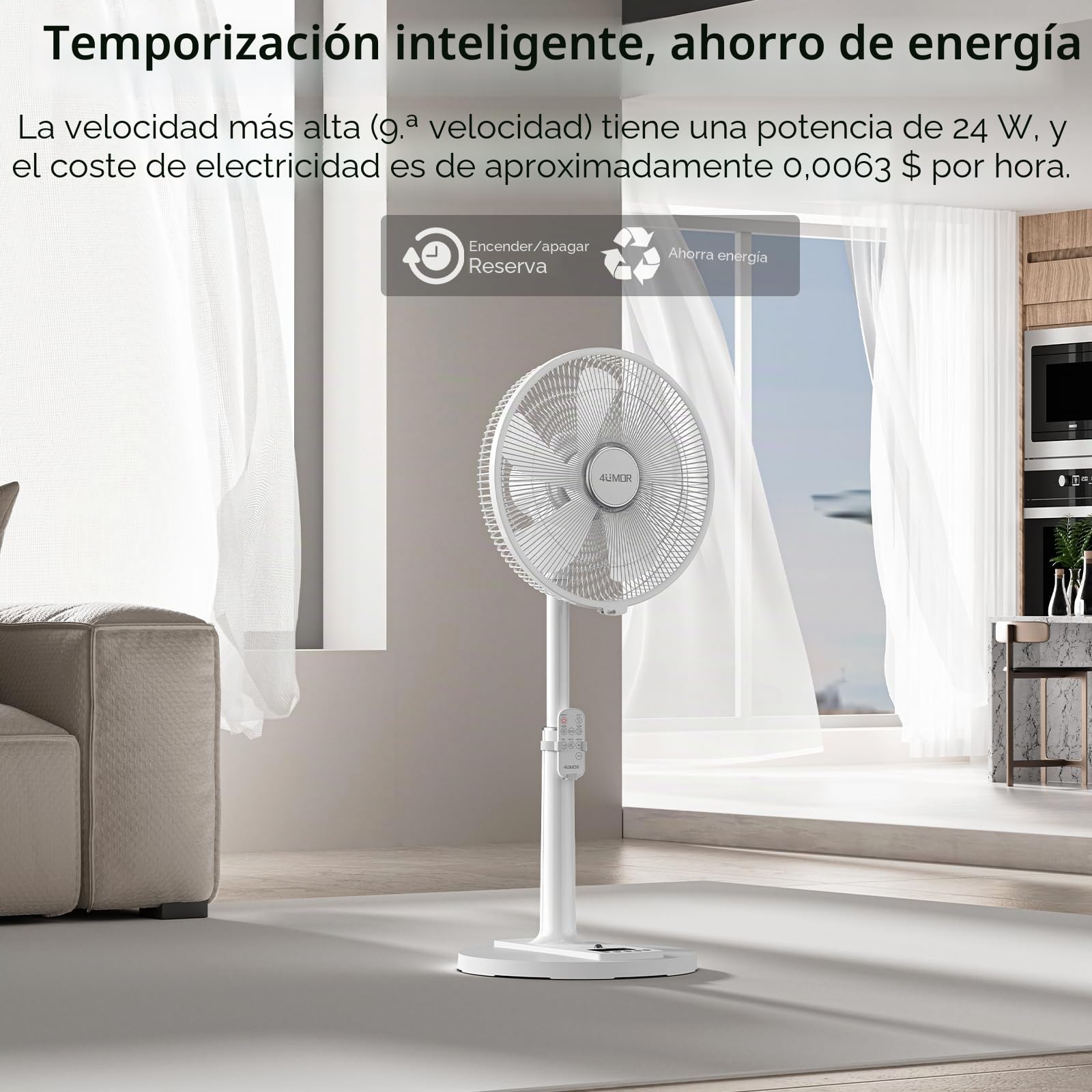 4UMOR Ventilador de Pie Silencioso 20dB con Control Remoto, Ventilador Motor DC para Mesa, 9 Velocidades, 4 Modos, 24W con Temporizador