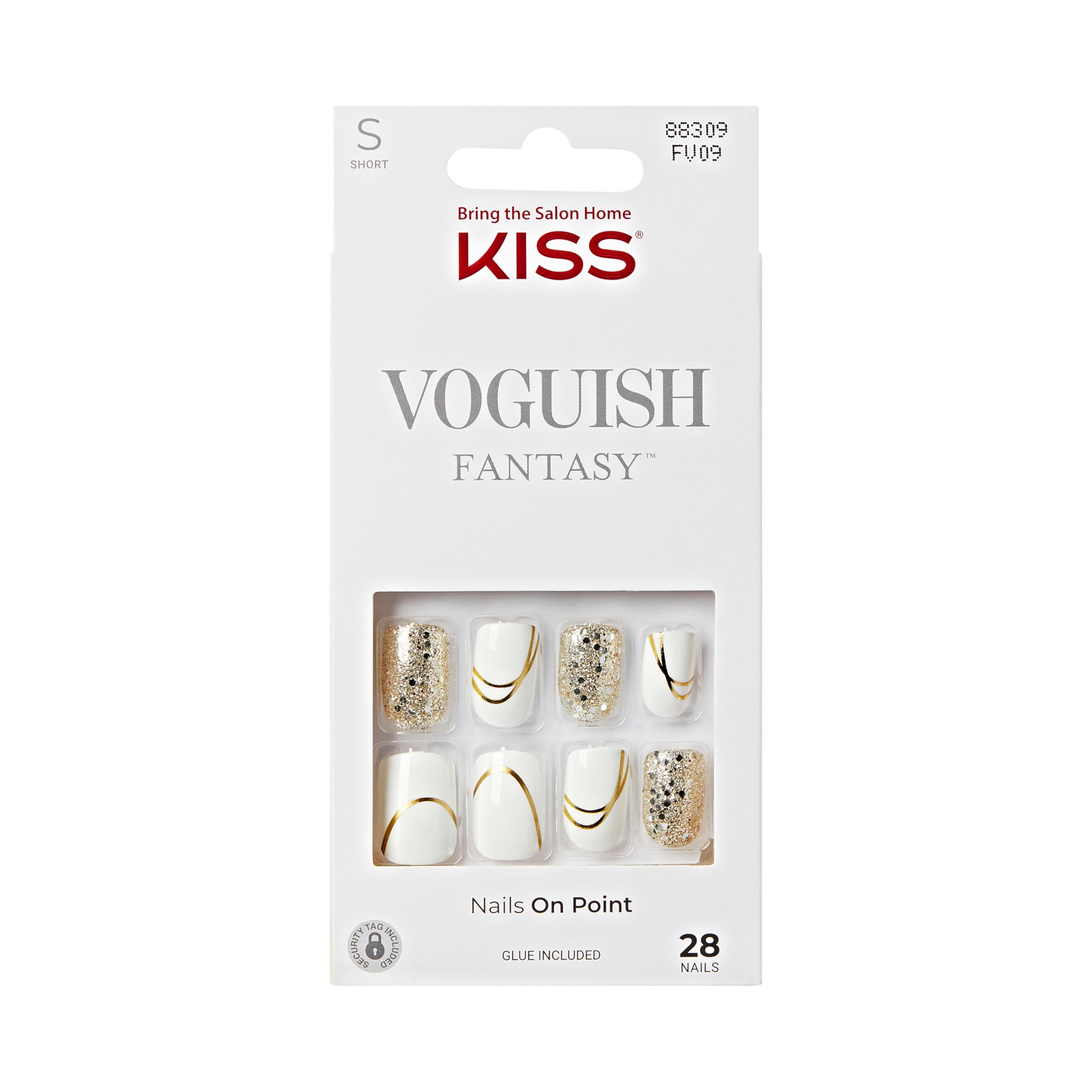 KISS Voguish Fantasy Nails Glam and Glow – Sztuczne Paznokcie z Klejem, Krótkie, Kwadratowe, Białe ze Złotym Brokatem, Zestaw 28 sztuk