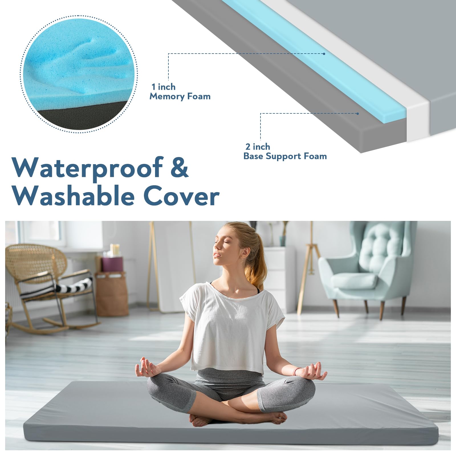 Memory Foam Camping Cot Pad, 7,6 cm Isomatte mit wasserdichter Abdeckung | Rutschfeste, tragbare Kinderbettunterlage für Reisen, LKW, Bett, Zelt, pflegeleicht, 183 x 61 x 7,6 cm, Grau