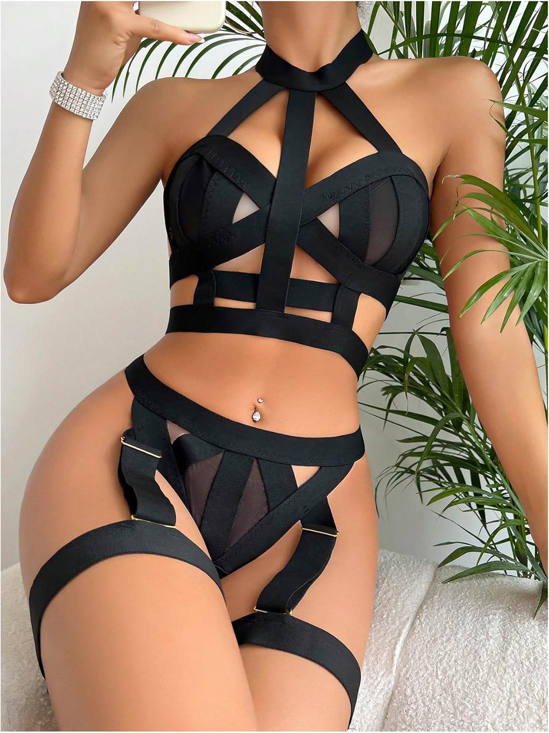 Verdusa Women's 4 Piece Strappy Lingerie Set Cut Out Halter Bra and Thong with Garter - Image 4