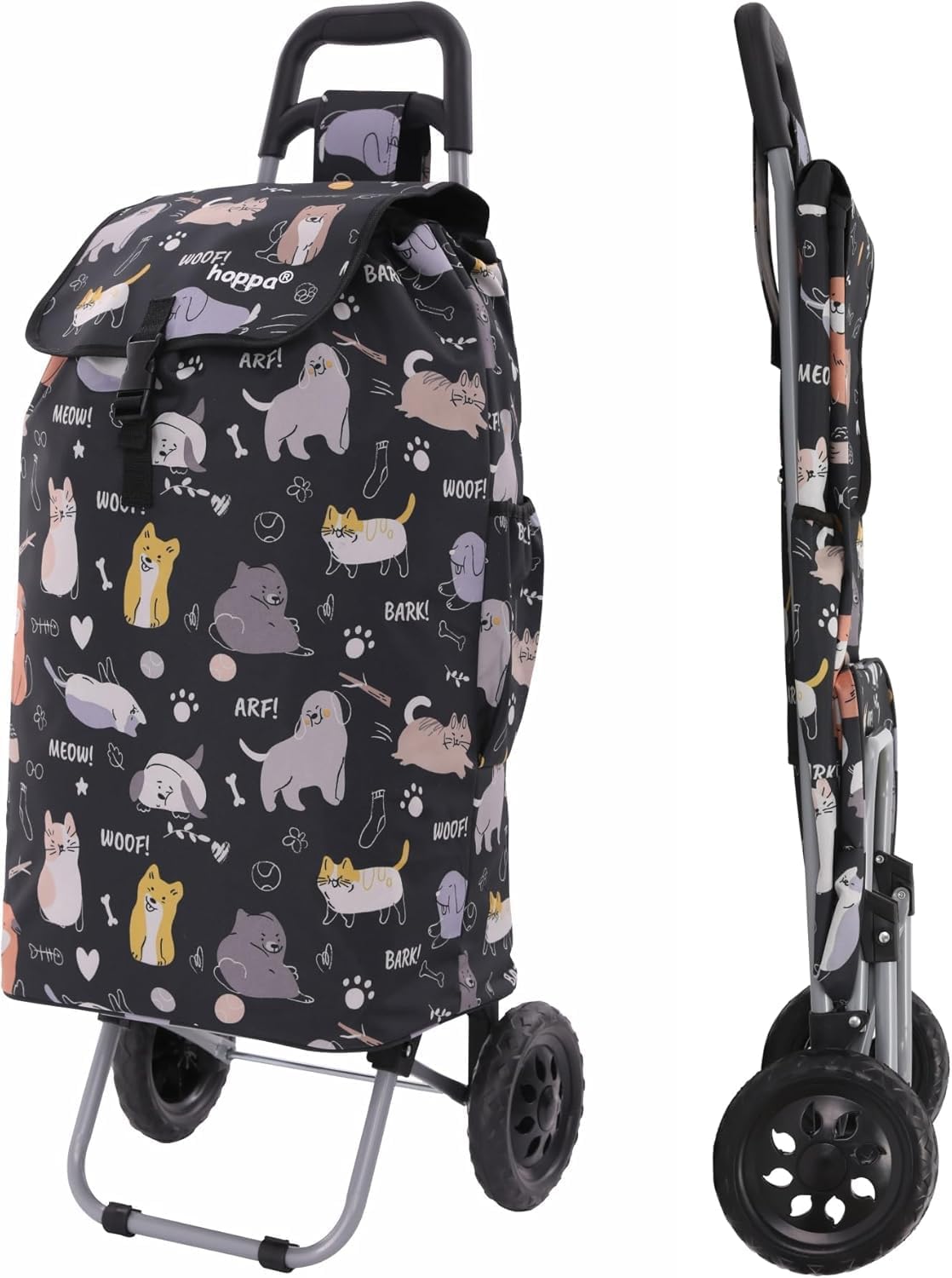 Hoppa Shopping Trolley on Wheels 57L Cats & Dogs Print | Foldable Shopping Cart with Lightweight Frame, Secure Lid & Rear Pocket | Pull Along Trolley for Supermarket & Daily Use | Collapsible Carrier