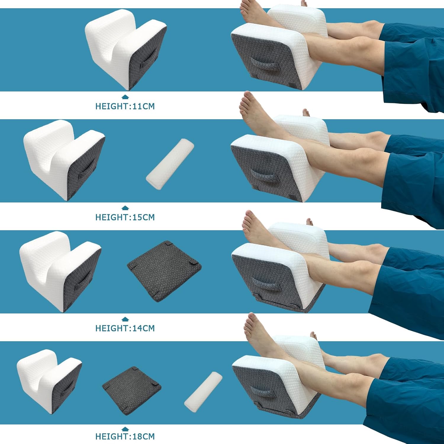 Knee Replacement Pillow - 4 Adjustable Heights for Full Straight-Leg Extension - Post Surgery Recovery Equipment with Handle - Leg Elevation Wedge for ACL Surgery, Hip & Knee Rehab