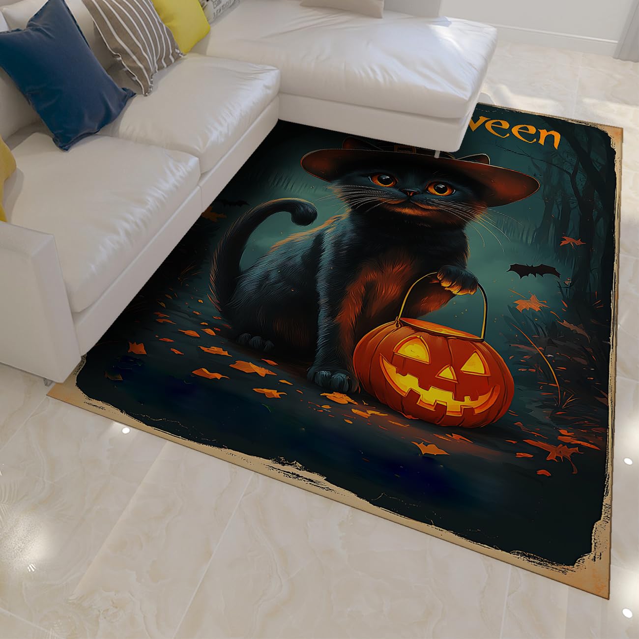 Tapis de salon Halloween sorcier citrouilles à poils bas 150x240cm