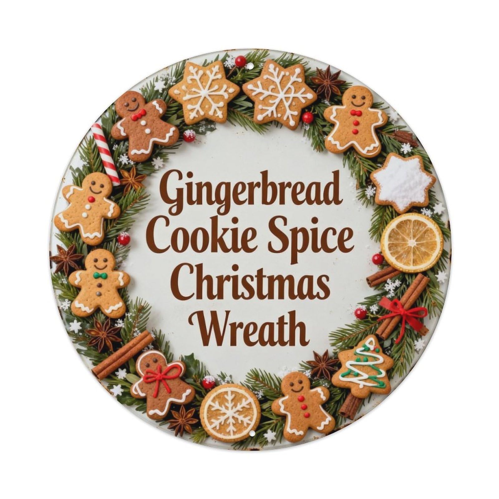 Gingerbread Cookie Spice Christmas Wreath Metal Tin Sign Plaque