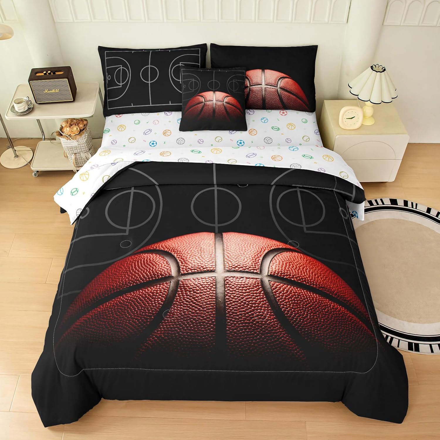 Bodhi Boys Queen Comforter Sets with Basketball Print,Soft Sports Bedding Sets Queen Size for Kids,6 Pieces Boys Bed in A Bag Comforter Sets