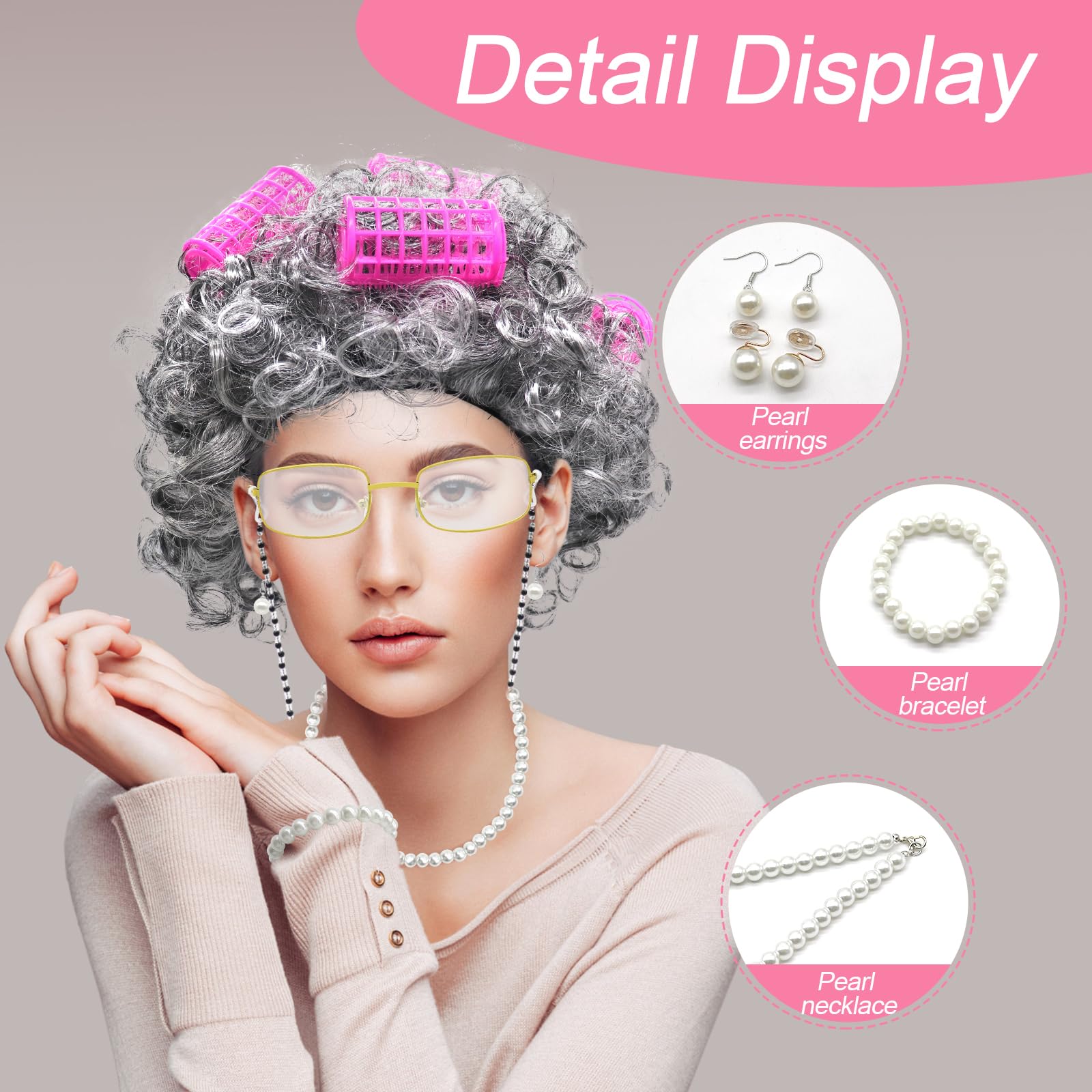 GLGHMH 12pcs Old Lady Costume Set, Grandma Wig Cap Including Glasses Pearl Earring Bracelet Necklace Inflatable Walking Stick - Image 4