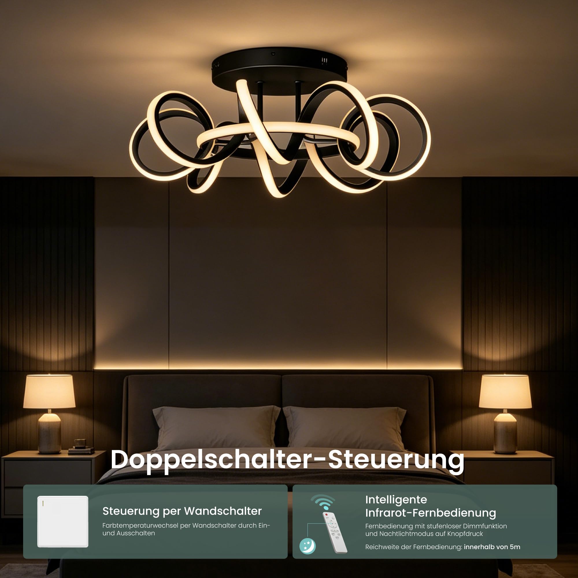 Deckenlampe 58cm, dimmbar, LED Deckenleuchte mit Fernbedienung | 3000-6400K, 112W Schwarz,Moderne,für Schlafzimmer, Wohnzimmer, Kinderzimmer, Nuvora06