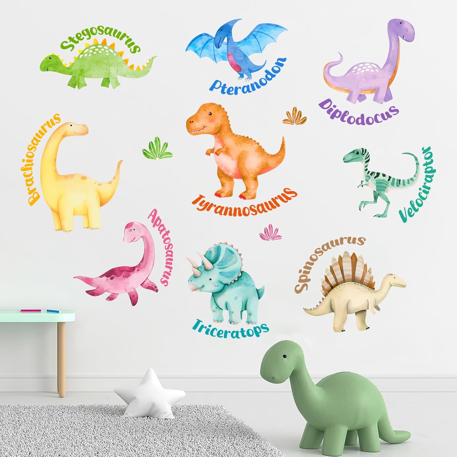 Yovkky Boho Watercolor Dinosaur Wall Decals Stickers, Cute Dino Neutral Toddler Baby Nursery Decor, Plant Home Decorations Boys Girls Kids Bedroom Playroom Art