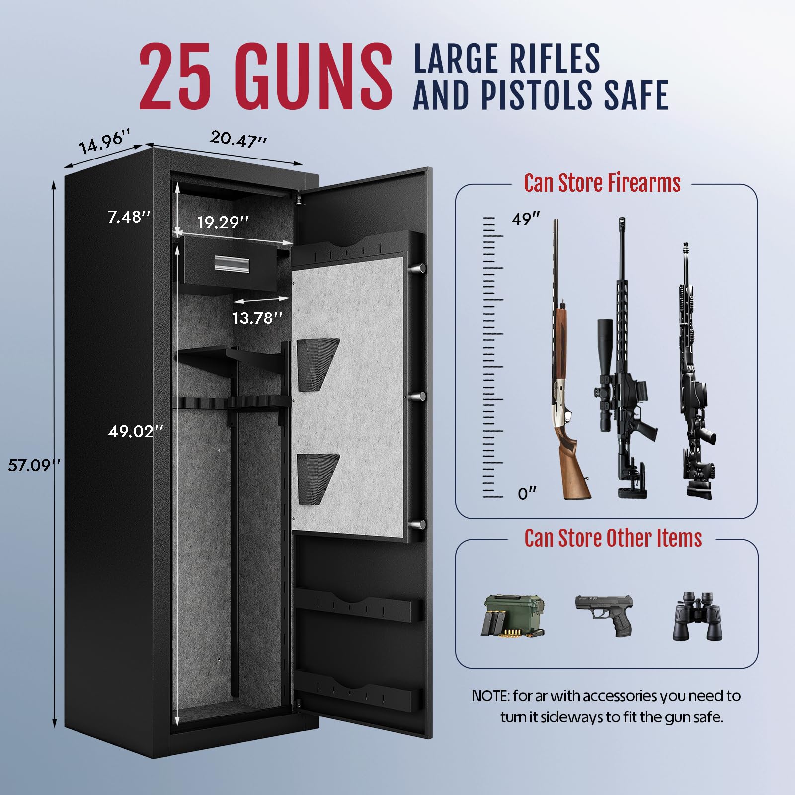 KAER 25 Gun Safe Biometric - Gun Safe for Rifles and Pistols Assembled, Large Gun Cabinet for Shotguns, Digital Fingerprint Rifle Safe with Removable Gun Racks,Pistol Pockets