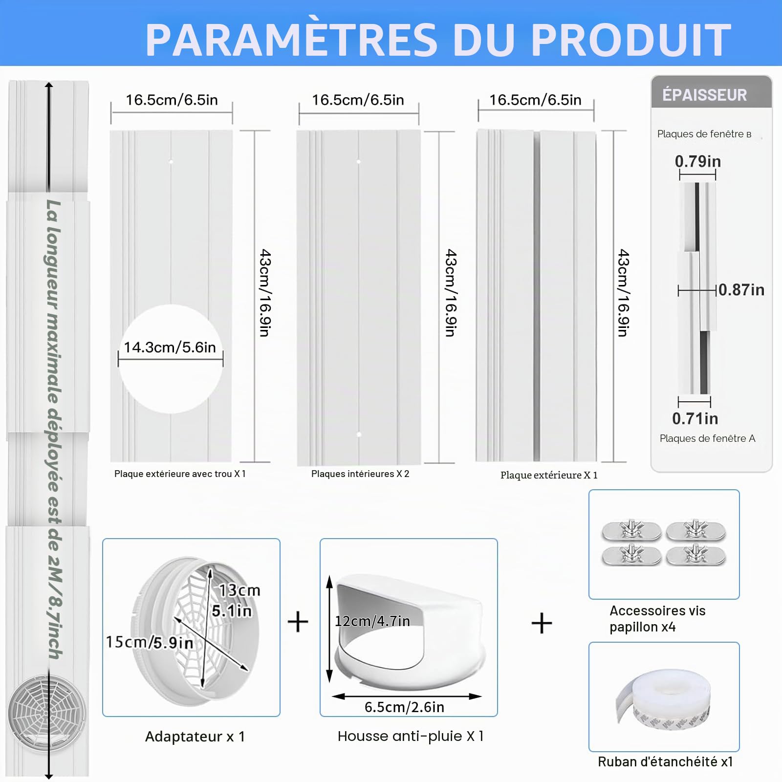 Kit de Fenêtre Climatiseur Mobile, Kit Calfeutrage Baie Vitrée 4 Pièces, Joint de Fenêtre Réglable avec Adaptateur Universel Ø13/15cm, Plaque d'Évacuation pour Fenêtre Coulissante et Velux