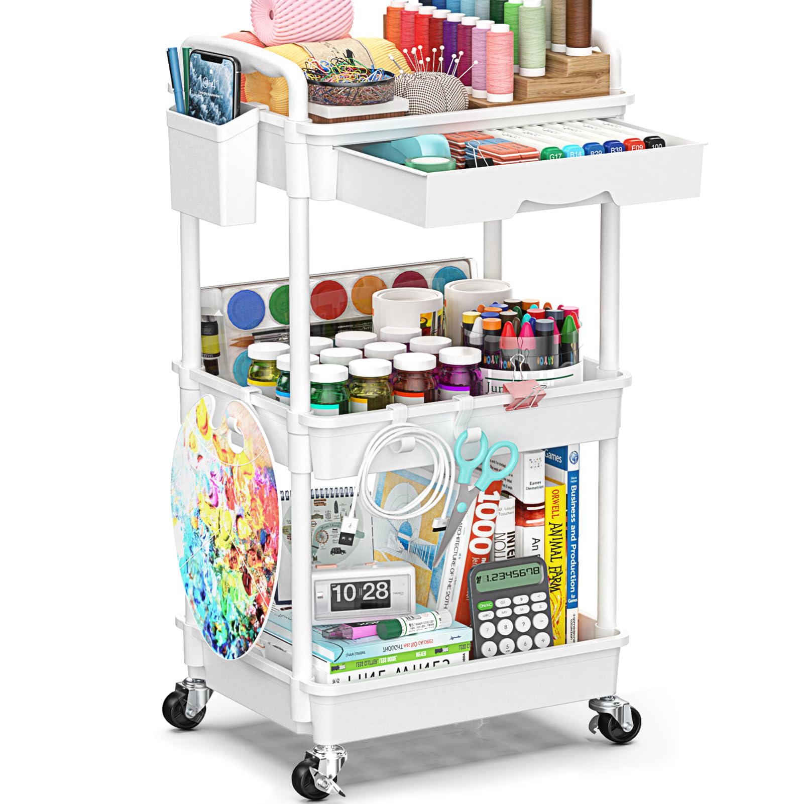 3 Tier Rolling Cart with Drawer, Bathroom Storage Organizer with 2 Lockable Wheels, Multifunctional Rolling Storage Cart for Bathroom, Kitchen, Office, Craft, Makeup, Baby Essentials, White