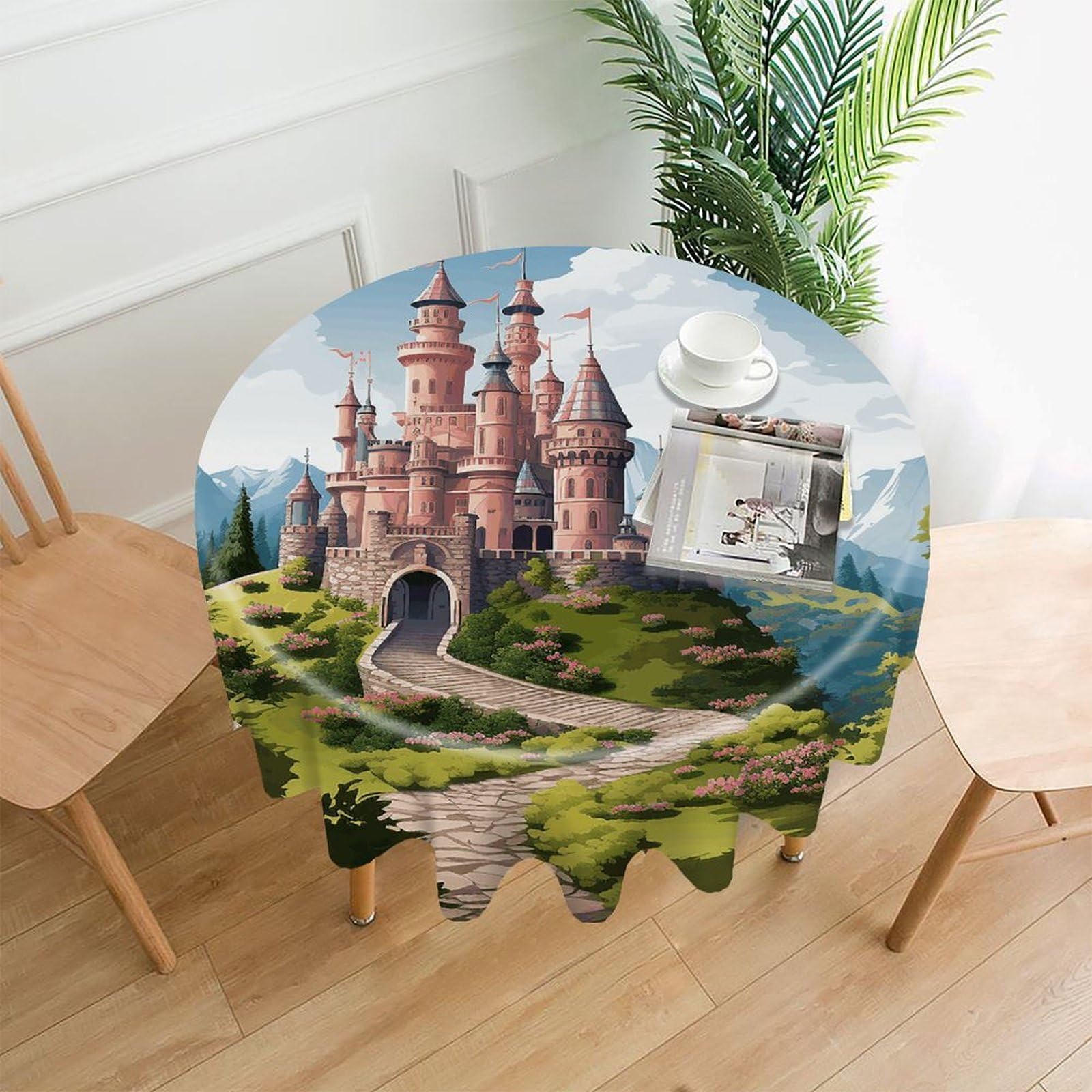 VstaDank Fairy Tale Castle Tablecloth Easy to Clean Polyester Round Table Cover Washable Round Table Cloth Wrinkle-Free Circle Decoration Tablecloth for Kitchen Dining Room 60"