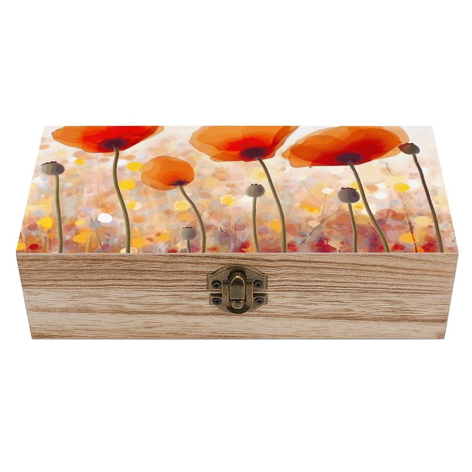 peiyeety Red Poppy Flowers Wooden Storage Box Home Keepsakes Boxes With Hinged Lid Vintage Decorative Gift For Photos Jewelry Home Decoration