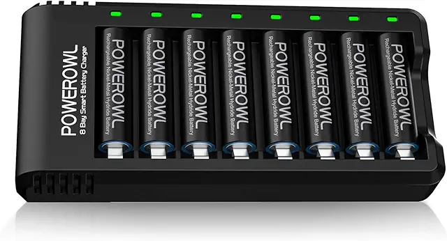 Imagen relacionada con POWEROWL Cargador de Pilas AA, AAA con 8 Unidades de AA 2800mAh Ni-MH Pilas Recargables con Luces LED(Carga rápida USB, Ranura Independiente)