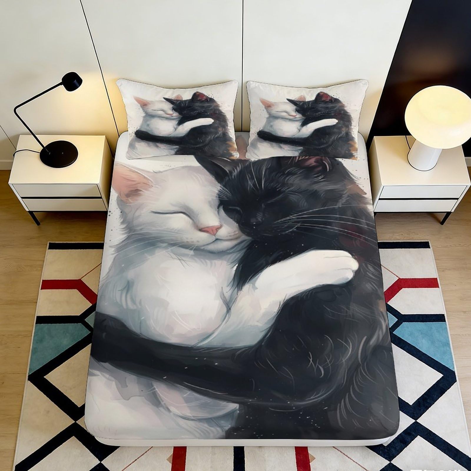 3D Printed Sleeping Cats Fitted Sheet Microfiber Soft Anti-Slip Yin Yang Cat Mattress Cover Bedroom Dorm Decor 120x200x25cm