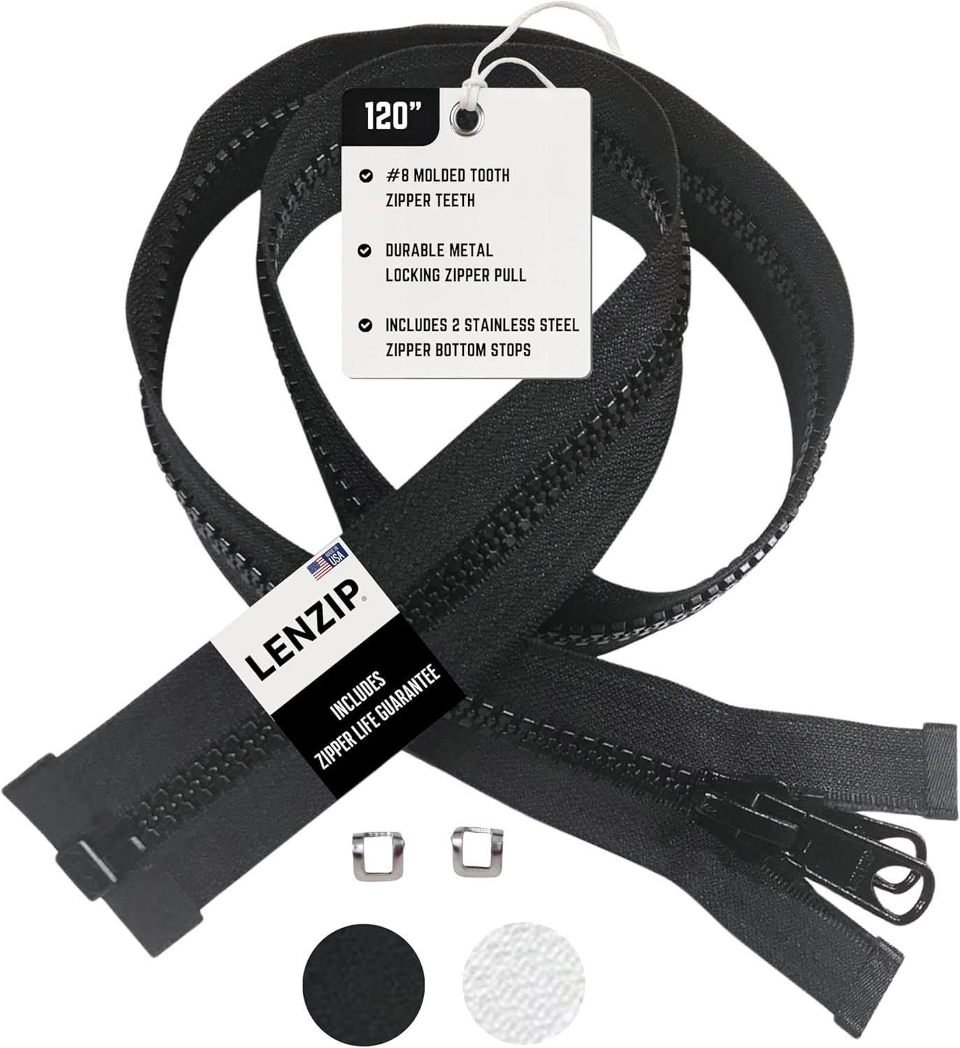 EZ-Xtend Lenzip #8 Separating Zipper - Heavy Duty Cut to Length with Double Metal Locking Pulls - Includes 2 Stainless Steel Zipper Bottom Stops (White, 48")