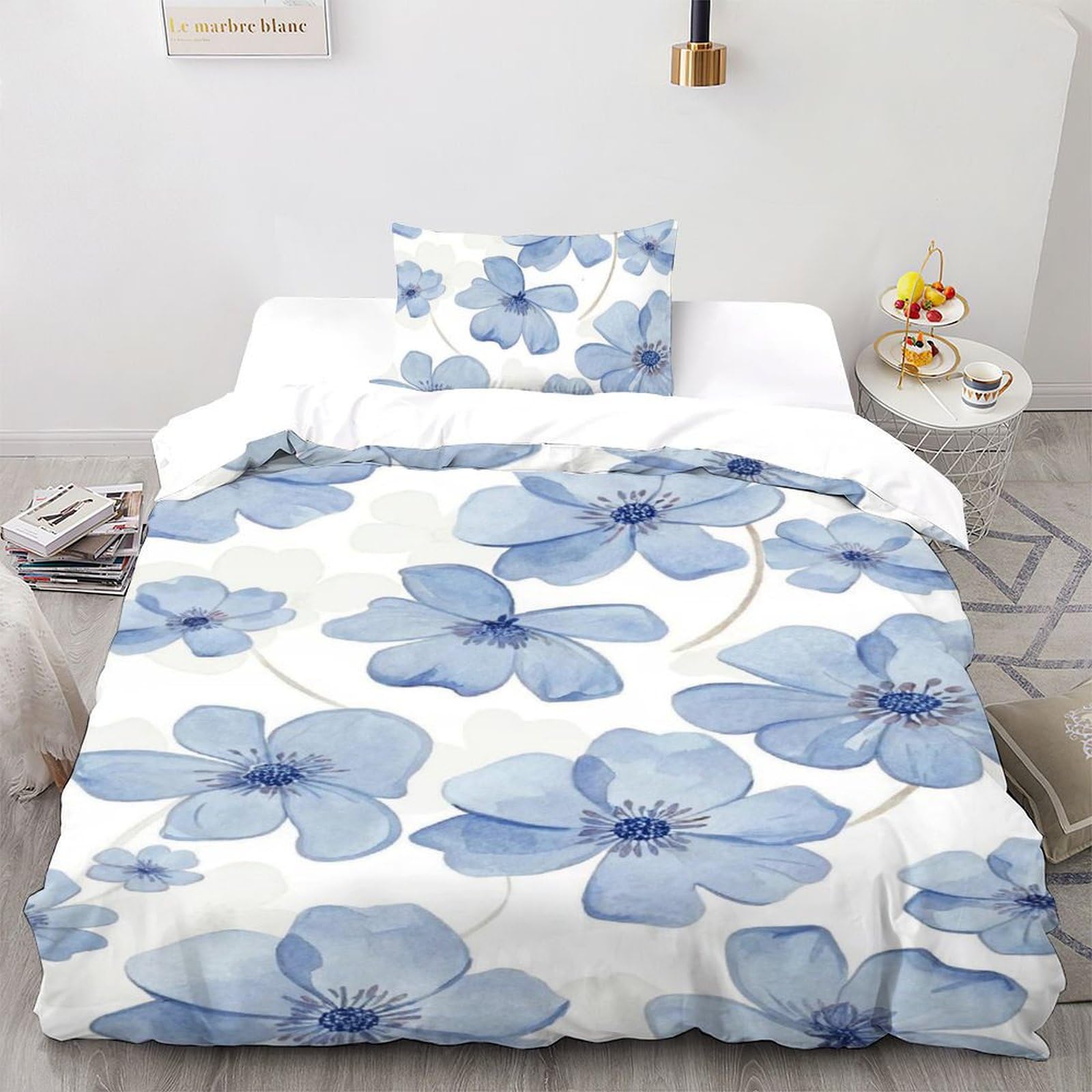 Housse de couette fleurs bleues parure de lit simple 135x200 adulte
