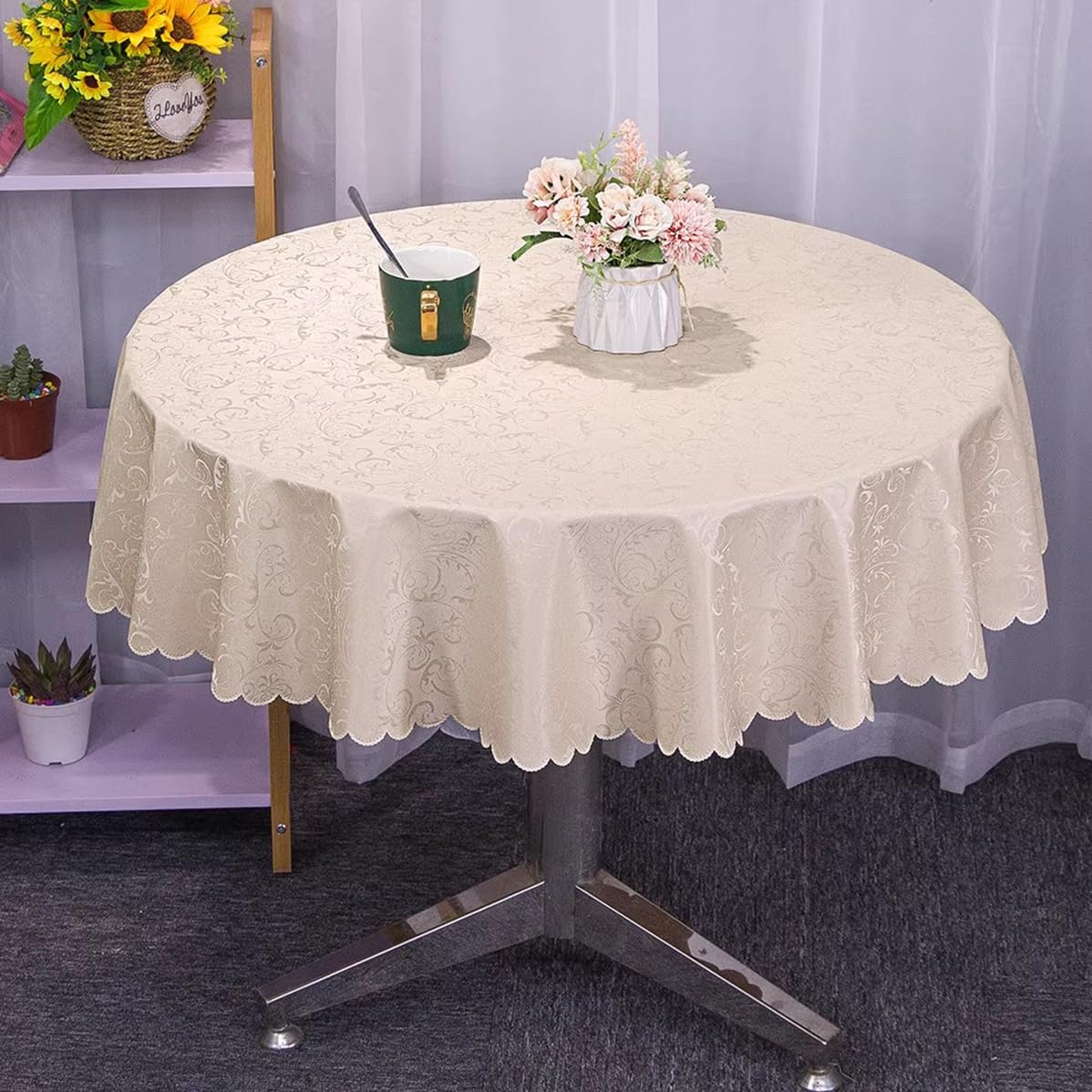 Nappe Ronde Anti-Taches en PVC Imperméable à l'eau Facile à Nettoyer Beige Diamètre 220cm Convient aux Tables Rondes de diamètre 150-170cm
