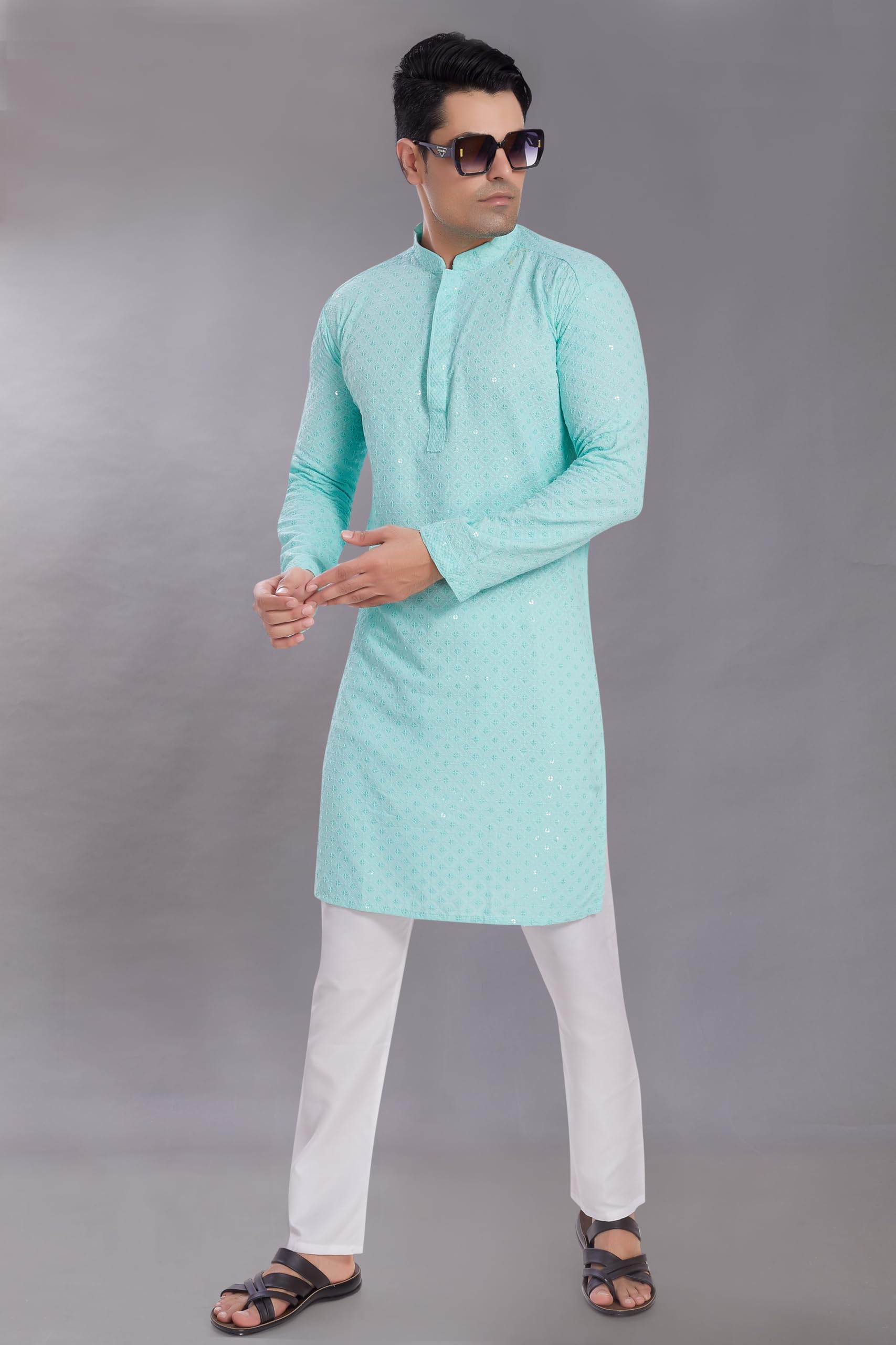 Divisive Men's Sequince Embroidered Cotton Blend Only Slim Fit Kurta (Dkrt521_S_Sky)