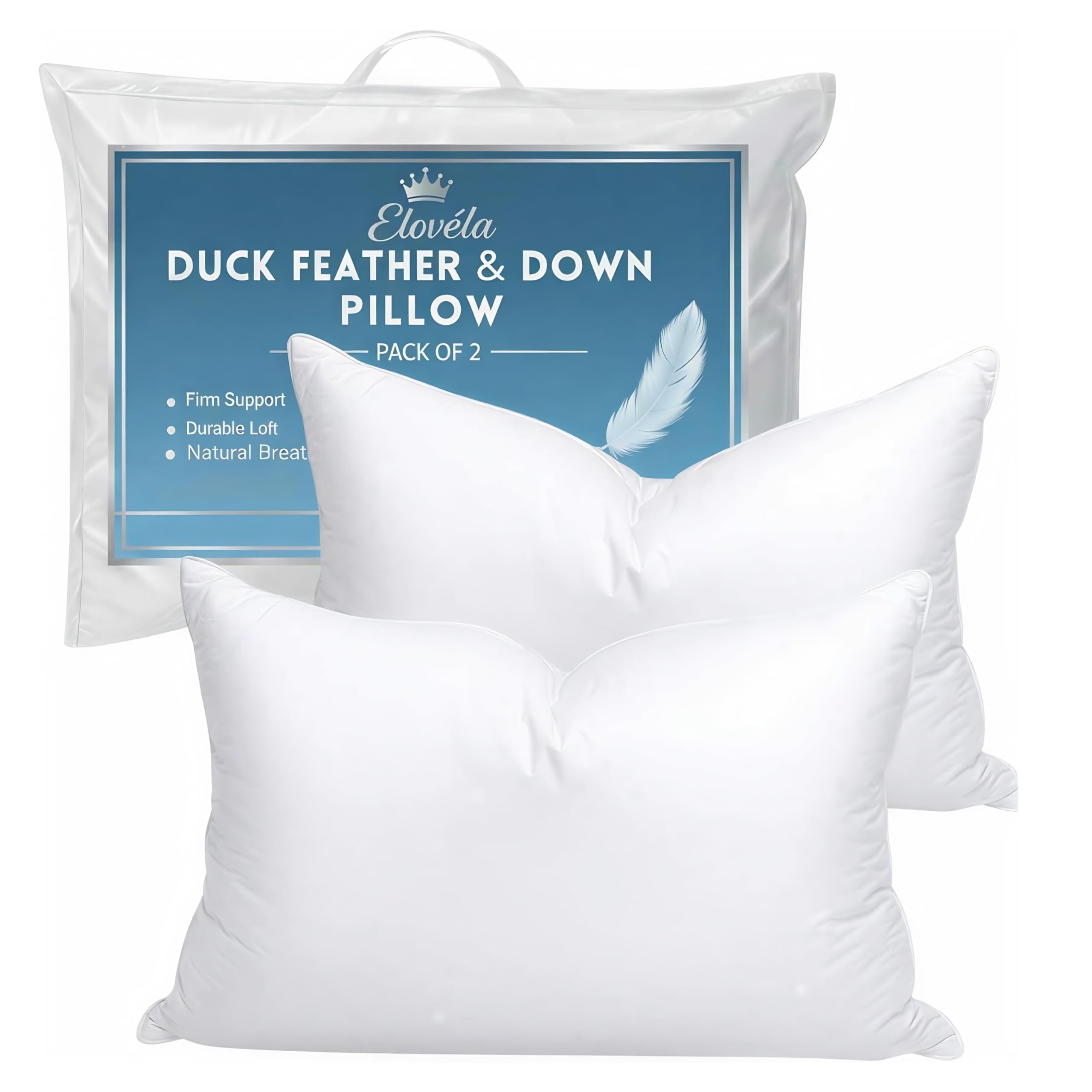 ELOVELA Premium Duck Feather Pillows 2 Pack (48cmx74cm) - Breathable & Anti-Dust Mite for Back Pain Relief - Soft & Comfortable Hotel Pillows for Restful Sleep – Machine Washable