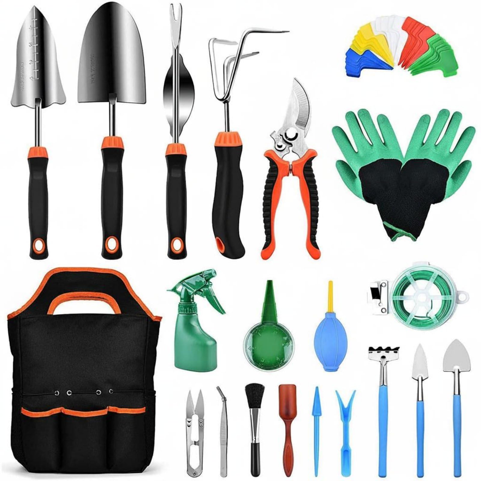50 Pièces Outils de Jardinage Set Outils Kit Sécateur Truelle Transplantoir Désherbeur Manche Ergonomique Métal Antirouille avec Sac de Rangement