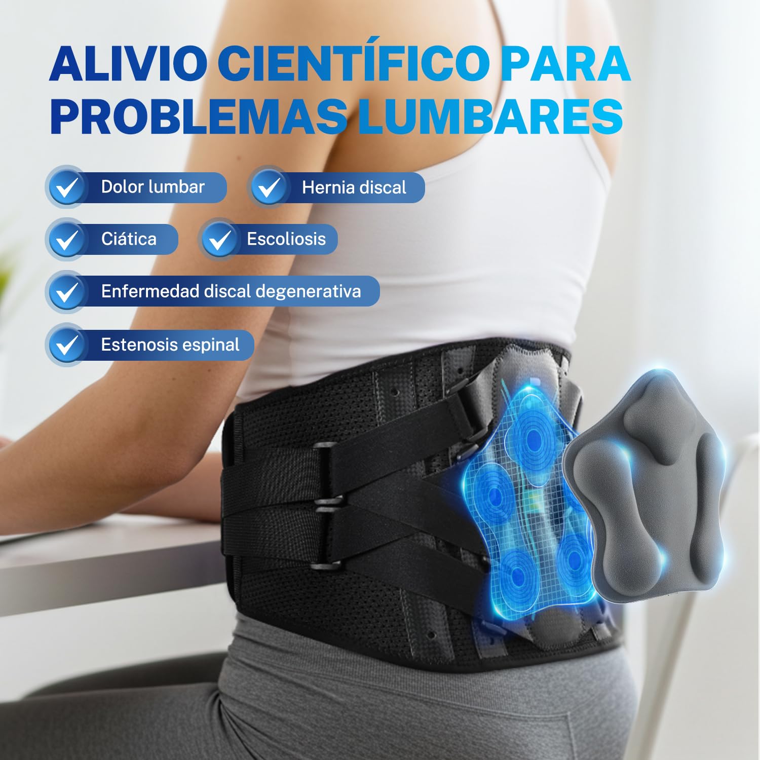 Fitomo Faja Lumbar Hombre Mujer, Soporte Para Espalda y Ciática | Almohadilla 3D Extraíble, Férulas De Fibra De Carbono, Diseño Ergonómico, Soporte Lumbar, Trabajo, Postura