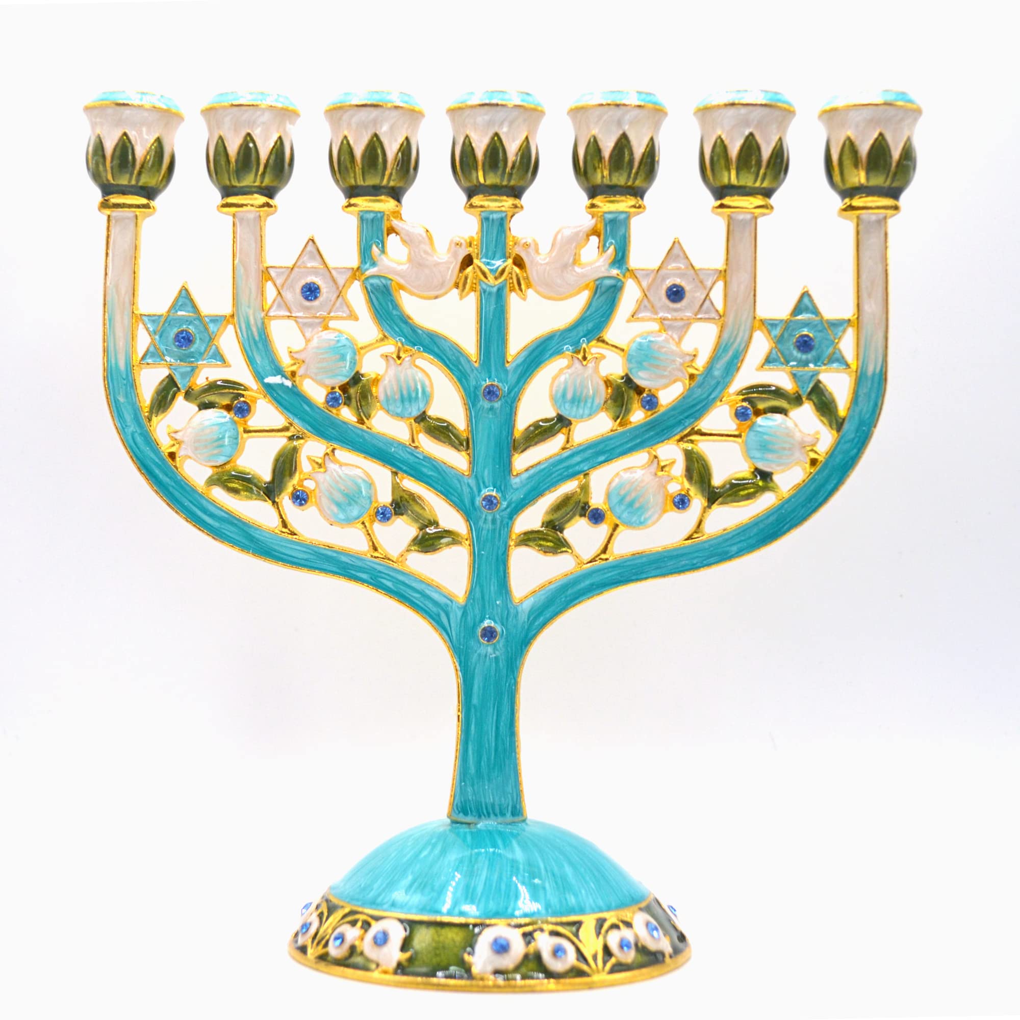 Cohen Tsemach Art & Gift 7 Branch Menorah Candle Holder Crystal Rhinestones Bejeweled Hand-Painted Star of David Enamel Candlesticks Motifs of pomegranates and doves