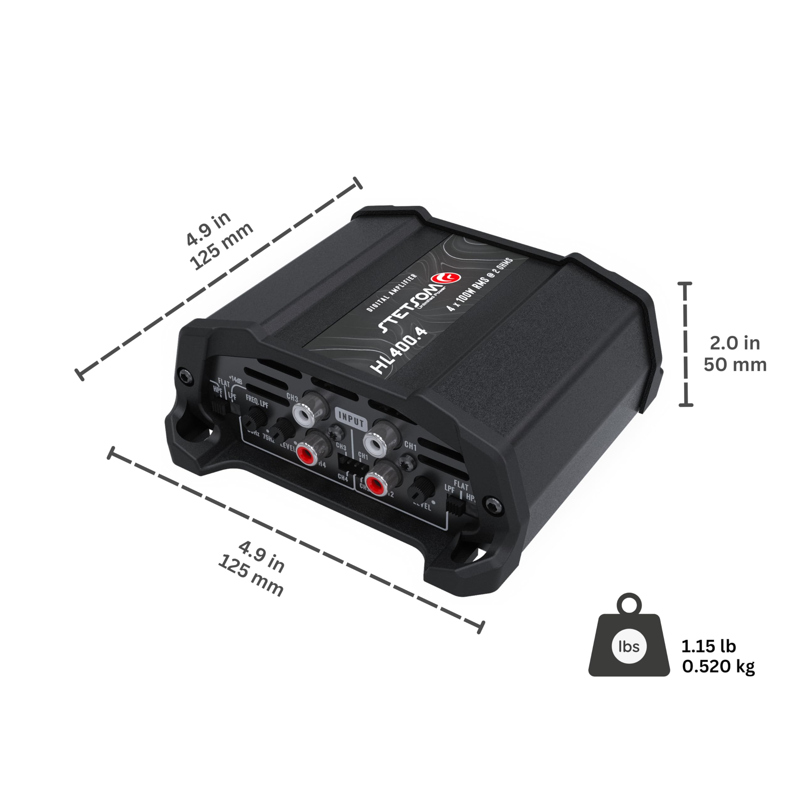 Stetsom HL 400x4 2 Ohms - Amplificatore digitale compatto a 4 canali, 400W RMS 400x4, full range, ingresso alto, guadagno di bassi + 14db (regolazione variabile 30-75hz), multicanale, suono digitale
