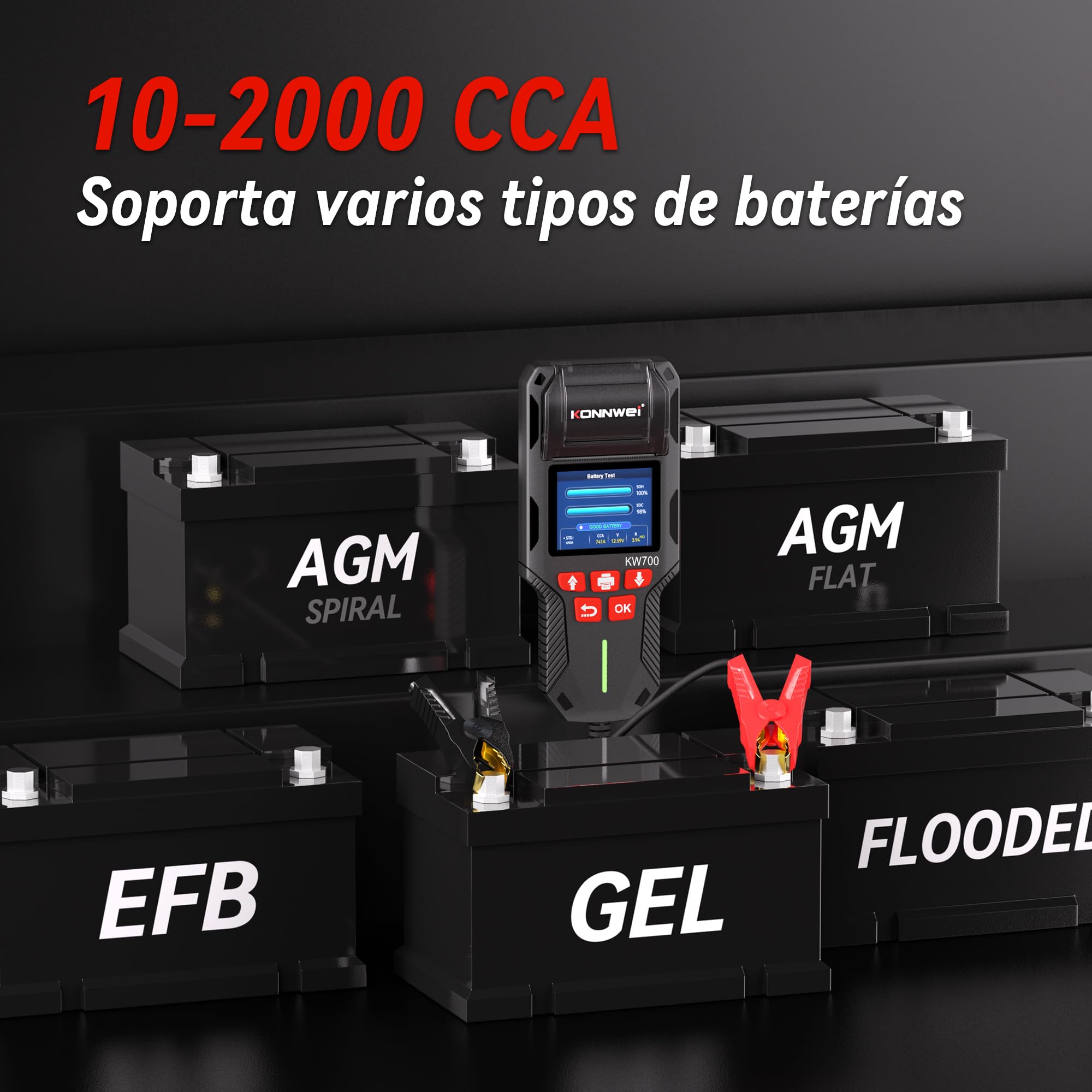 KONNWEI Comprobador de batería de coche con impresora 12 V 24 V, prueba de arranque y carga, 100-2000 CCA, analizador de batería para coche, camión, motocicleta (papel incluido)