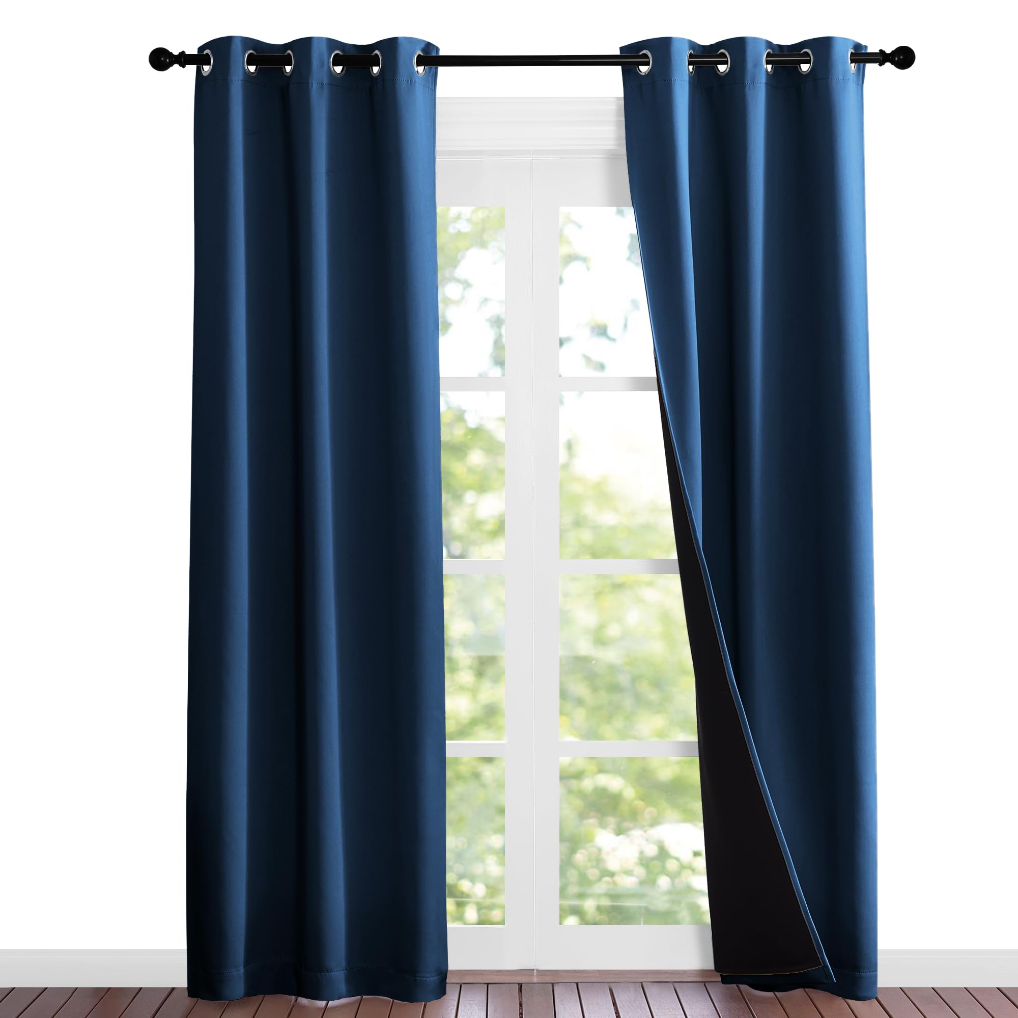 NICETOWN 100% Blackout Short Curtains with Black Liners, Solid Thermal Insulated Full Blackout 2-Layer Lined Energy Efficiency Window Drapes for Bedroom (2 Panels, 37" W by 84" L, Moroccan Blue)