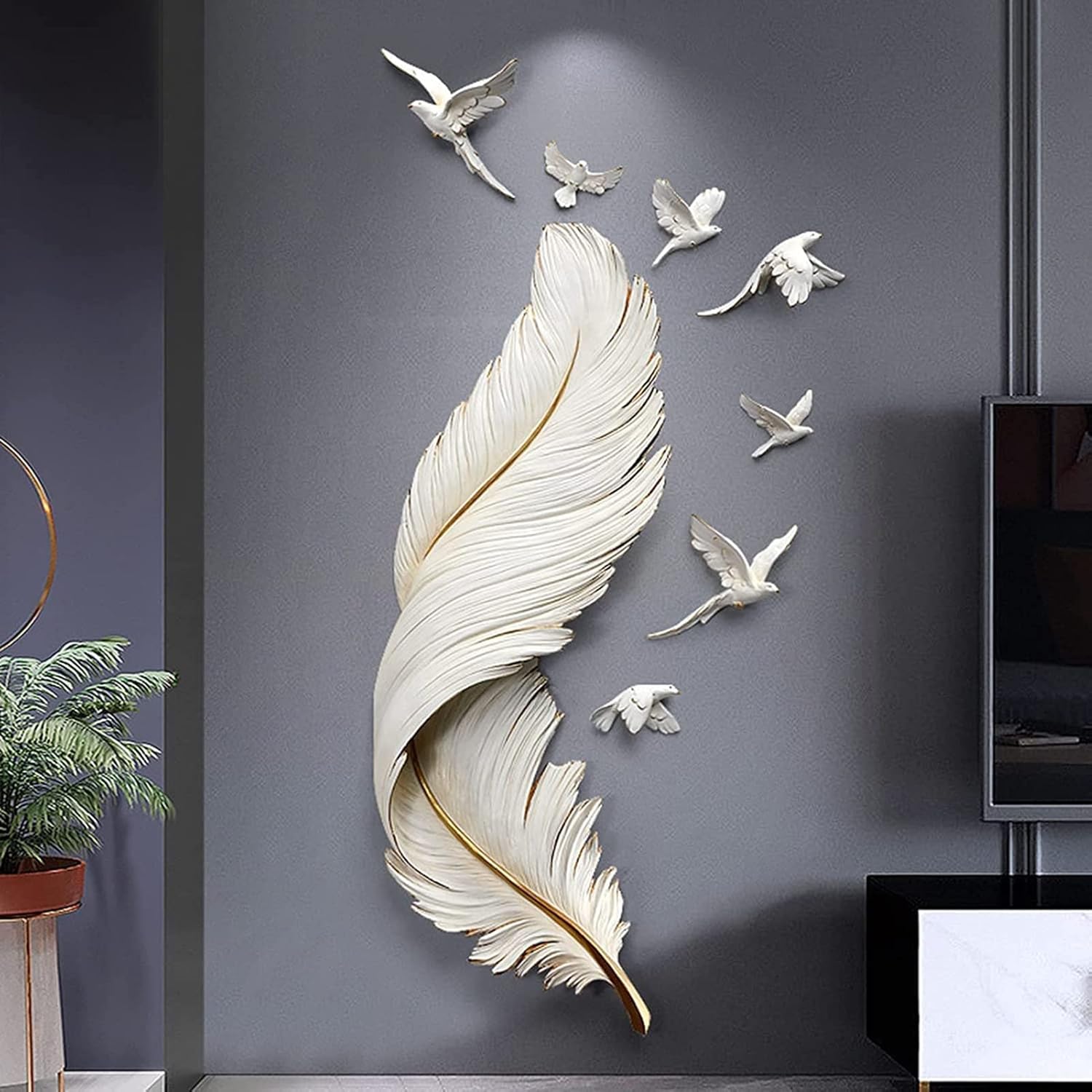 Large White Metal Feather Wall Decor, Luxury Home Wall Sculptures Decor