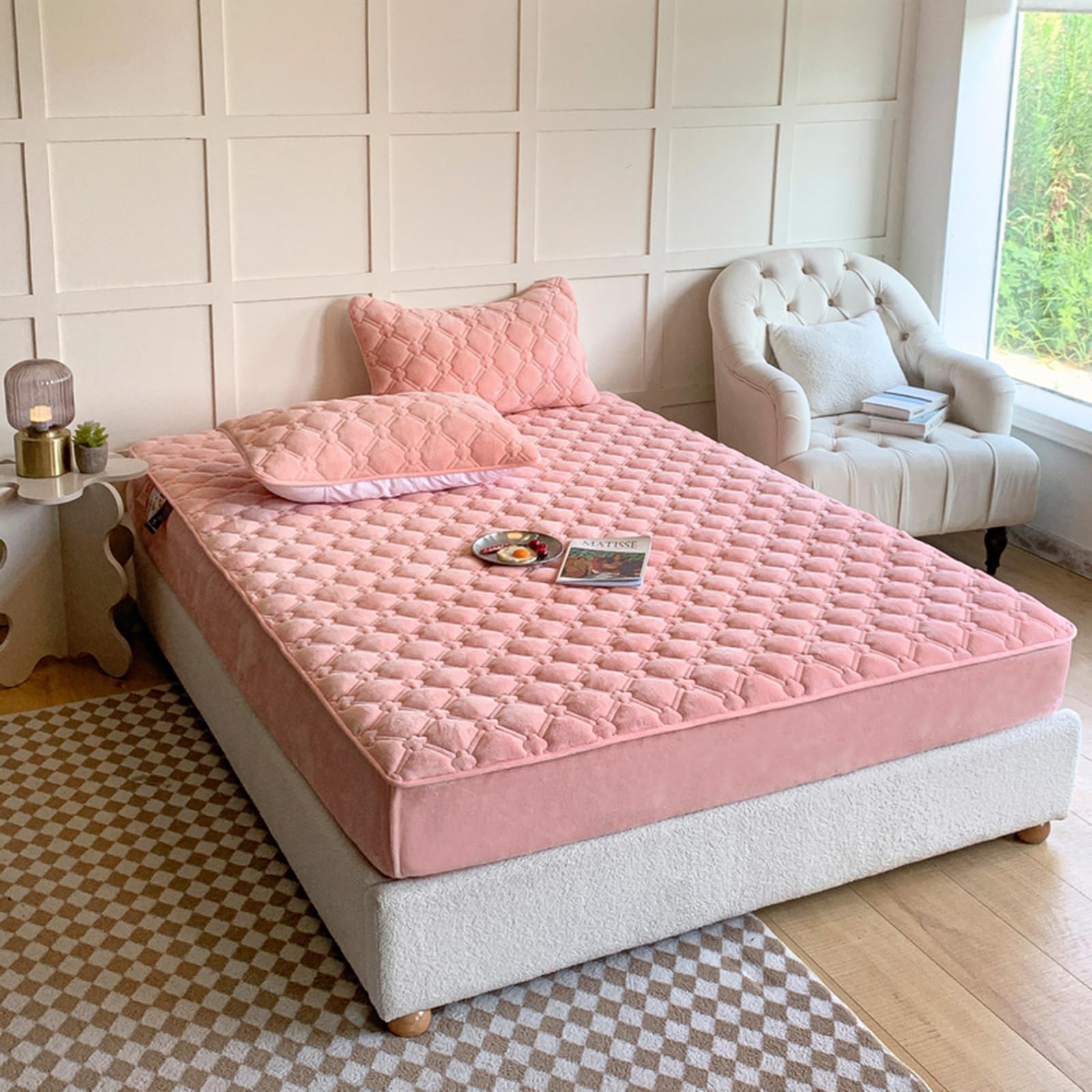 LweiPsqLin Quilted Milk Velvet Fitted Sheet,Soft Velvet Fleece Mattress Protector,15