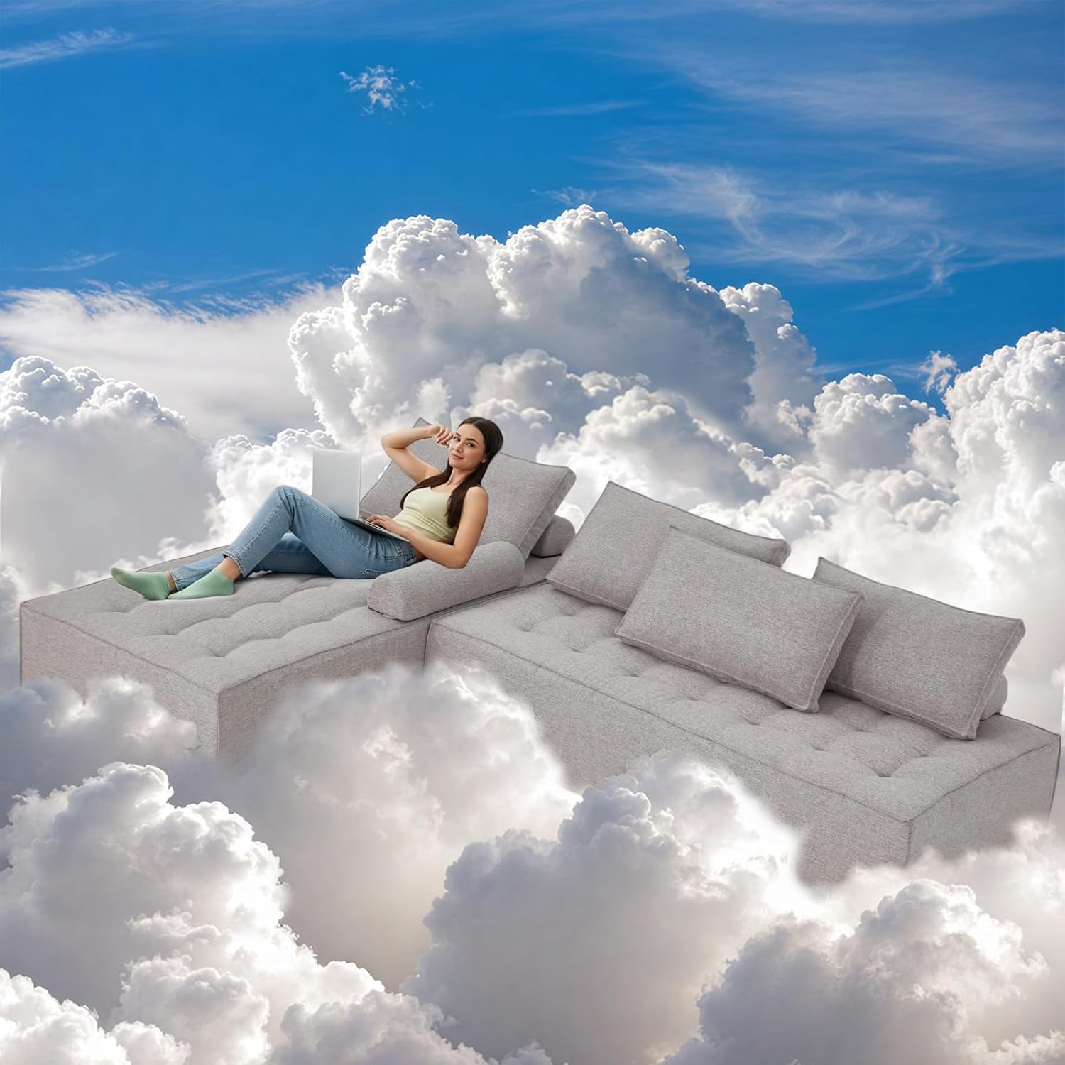 HOMREST 116" Modular Sectional Sofa Couch, L Shaped Modern Cloud Couch with Chaise, Sofa in A Box, Tufted 4-Seat Boneless Sleeper Chair for Living Room, No Assembly Required, Grey L Shape Grey