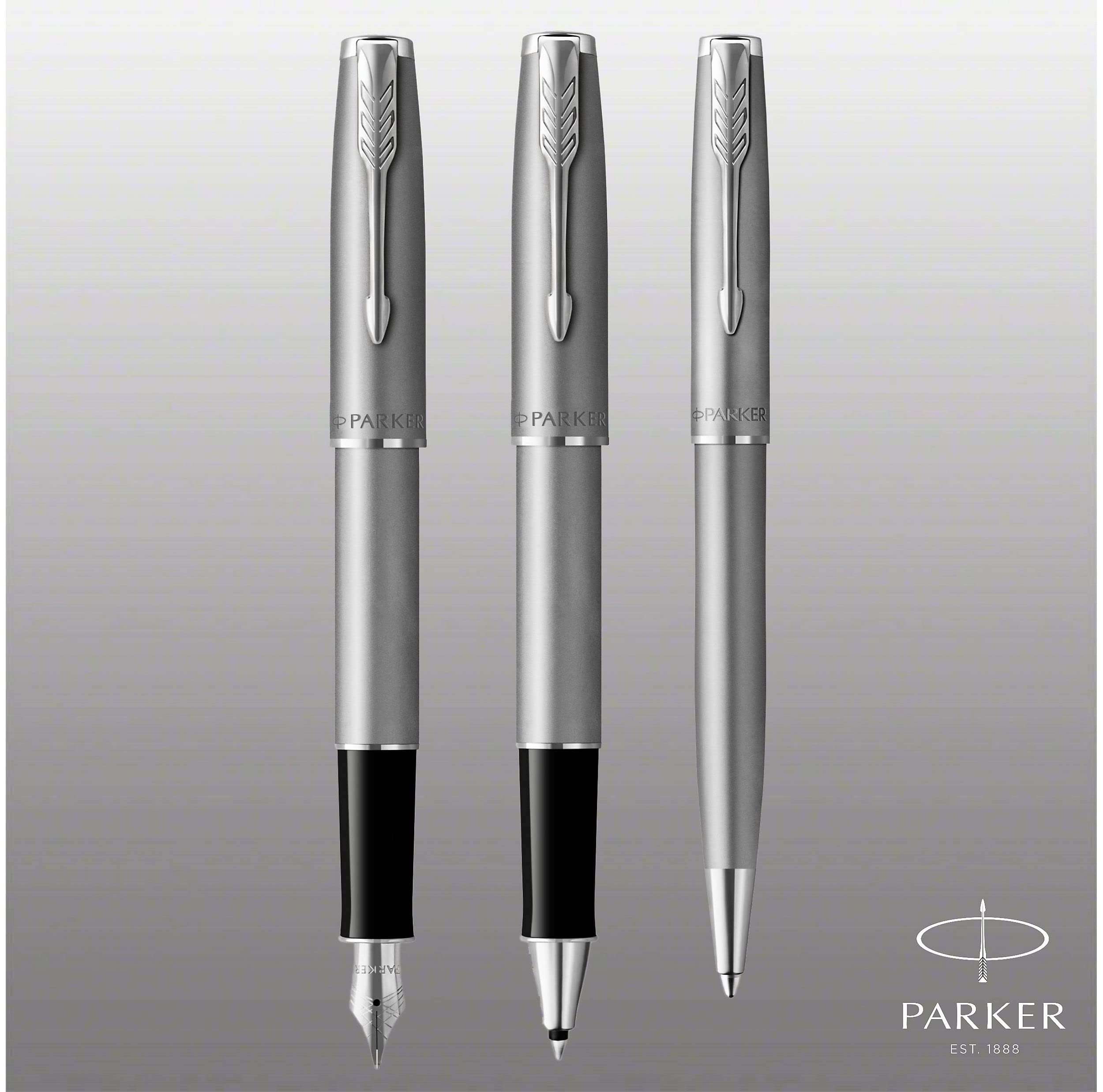 PARKER Sonnet Essentiel Rollerball, Edelstahl, Chrom-zierteile, Feine schwarze Ersatzmine - Geschenkbox