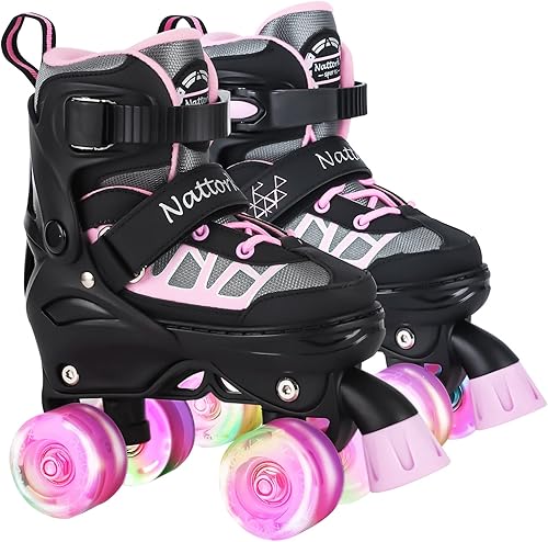 Nattork - Patines de ruedas para niños y niñas, 4 tamaños, patines ajustables con ruedas iluminadas, divertidos patines para niños pequeños,
