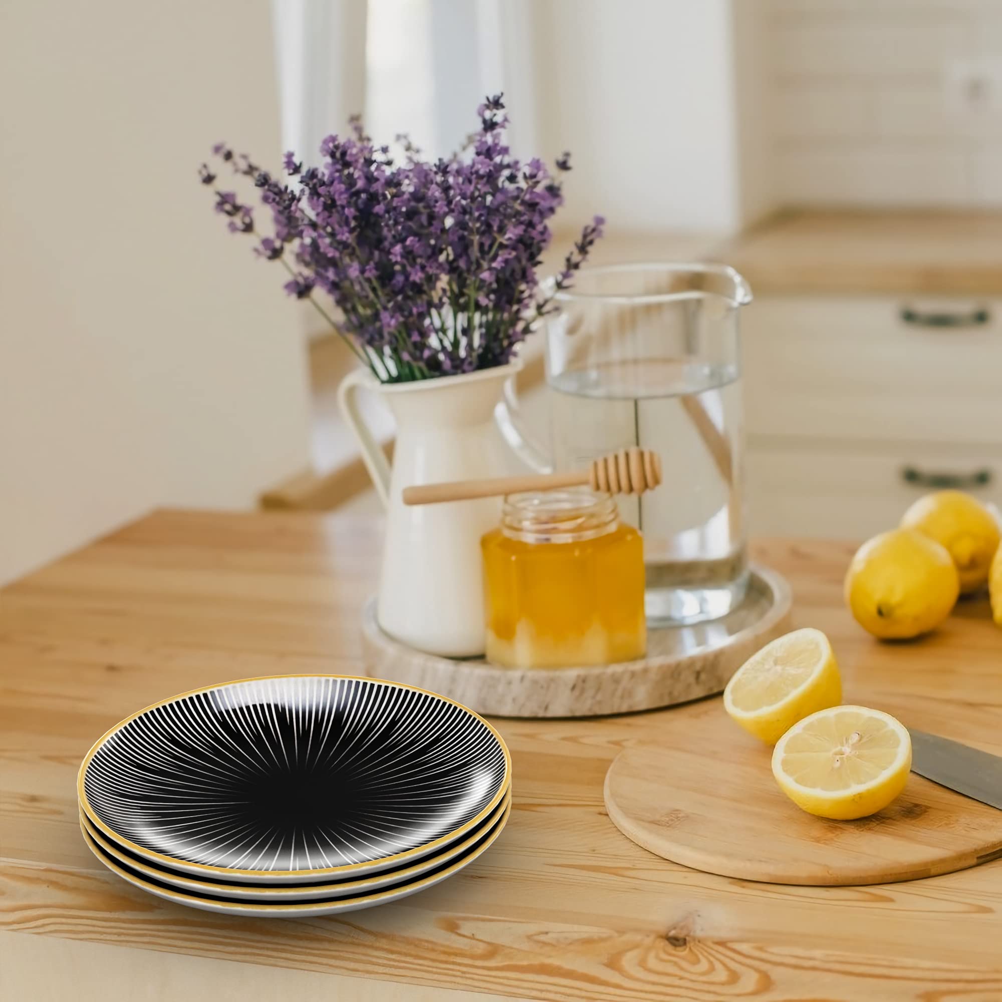 INTIRILIFE 4x piatti in porcellana in a Strisce - Nero Bianco con Nero - Diametro 20.5 cm - Piatto da colazione, piatto da dessert, piatto da portata per insalata, frutta, pasta, dessert e snack