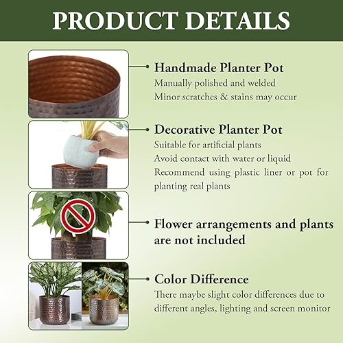 Miniatura 4 de MyGift Jarrón de metal vintage de tono cobre de 6 pulgadas, maceta con textura martillada, contenedor cilíndrico para plantas suculentas de