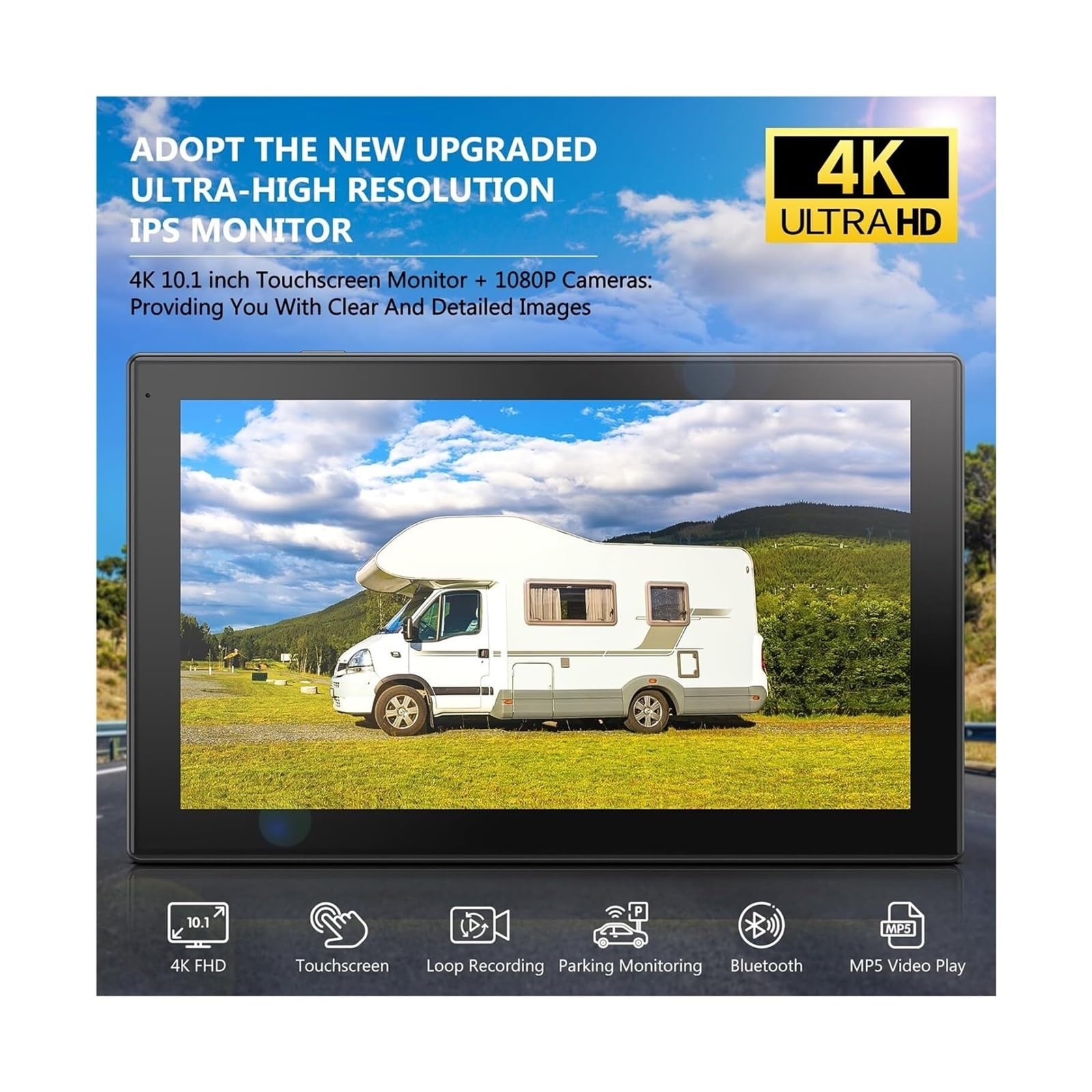 Monitor de pantalla táctil dividida de 10,1 "4k 4CH, cámaras de visión trasera de 1080P, grabación DVR, Bluetooth, música, visión nocturna for camión RV(None)