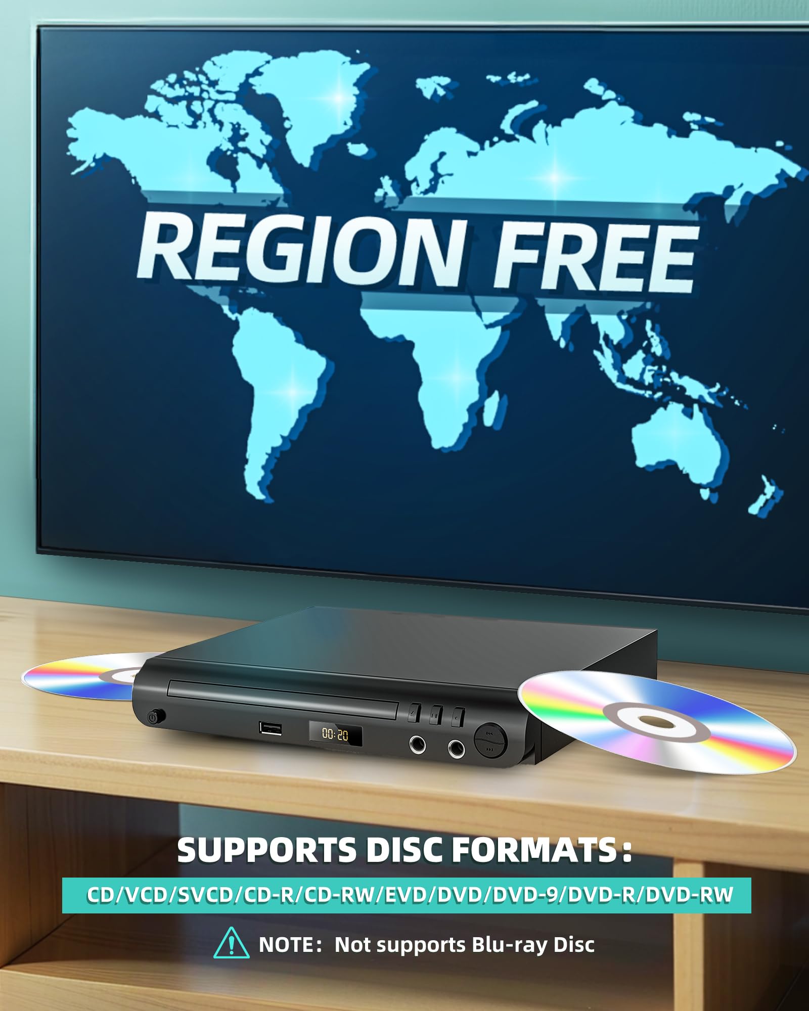 Reproductor de DVD HDMI para TV, Reproductores Disco gratuitos para Todas Las regiones con Puertos de Karaoke y Entrada USB, compatibilidad PAL/NTSC, reproductors de CD/DVD doméstico con Cables HDMI