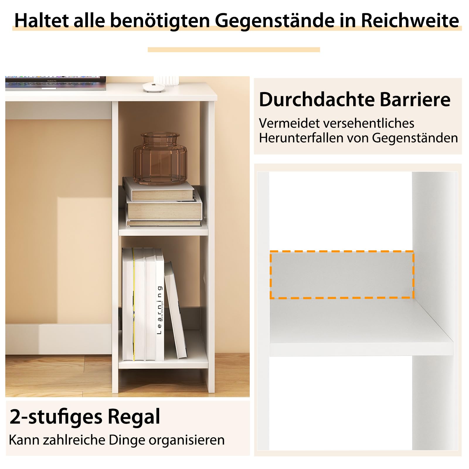 COSTWAY Kleiner Schreibtisch, Computertisch mit 2 Fächern, PC-Tisch, Bürotisch für kleine Räume, weiß, 80 x 40 x 74 cm