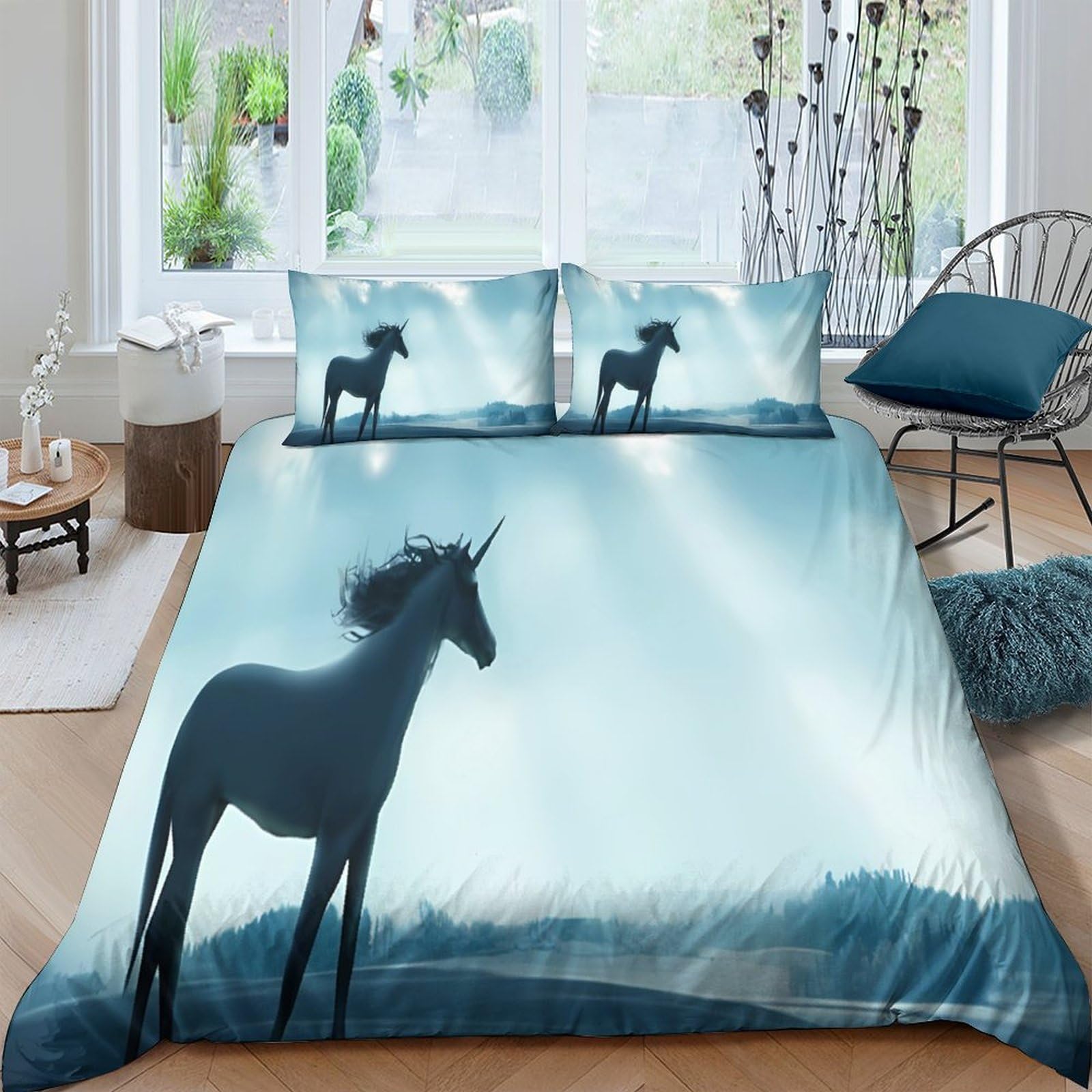 Ctjqhvkz Style-2 3D Printed Blue Unicorn Fitted Sheet Microfiber Soft Breathable Misty Forest Mattress Cover For Bedroom Dorm Decor Single（135X200cm）