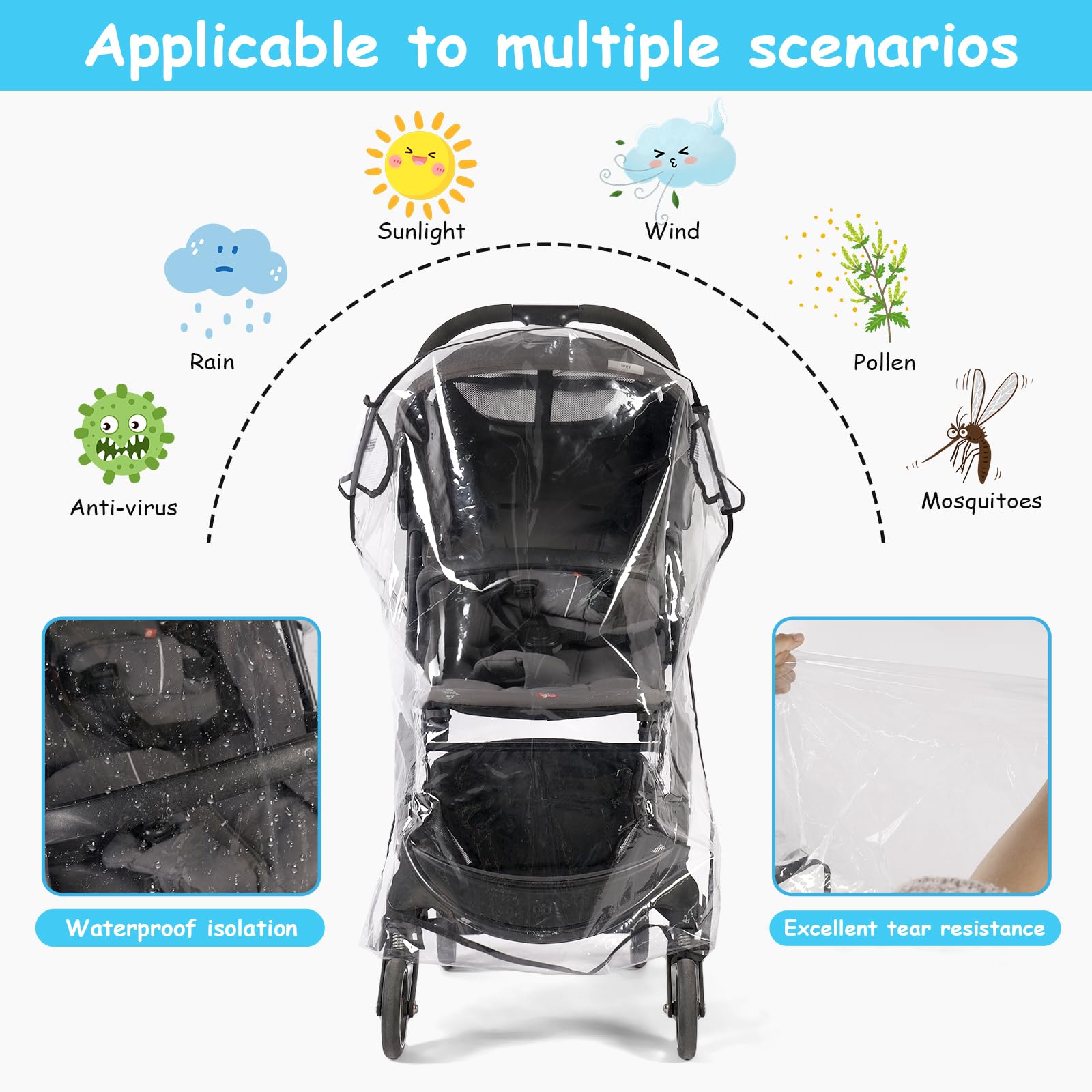 Plástico Lluvia de Silla Paseo Universal Protector de Lluvia para Carrito de Bebé Universal Funda Carro Bebe Universal para Cochecito Resistente al Viento, Lluvia y Nieve con Bolsa de Almacenamiento