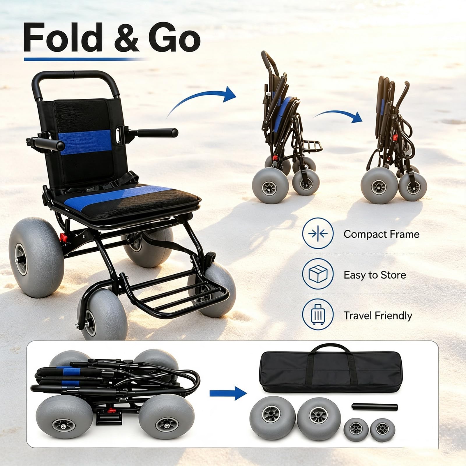 Silla Playa Plegable Ligera Con Ruedas, Andador De Playa Todoterreno, | Impermeable, Para Acceso A Playa, Césped, Grava Y Agua, Transporte De Viaje Para Personas Mayores