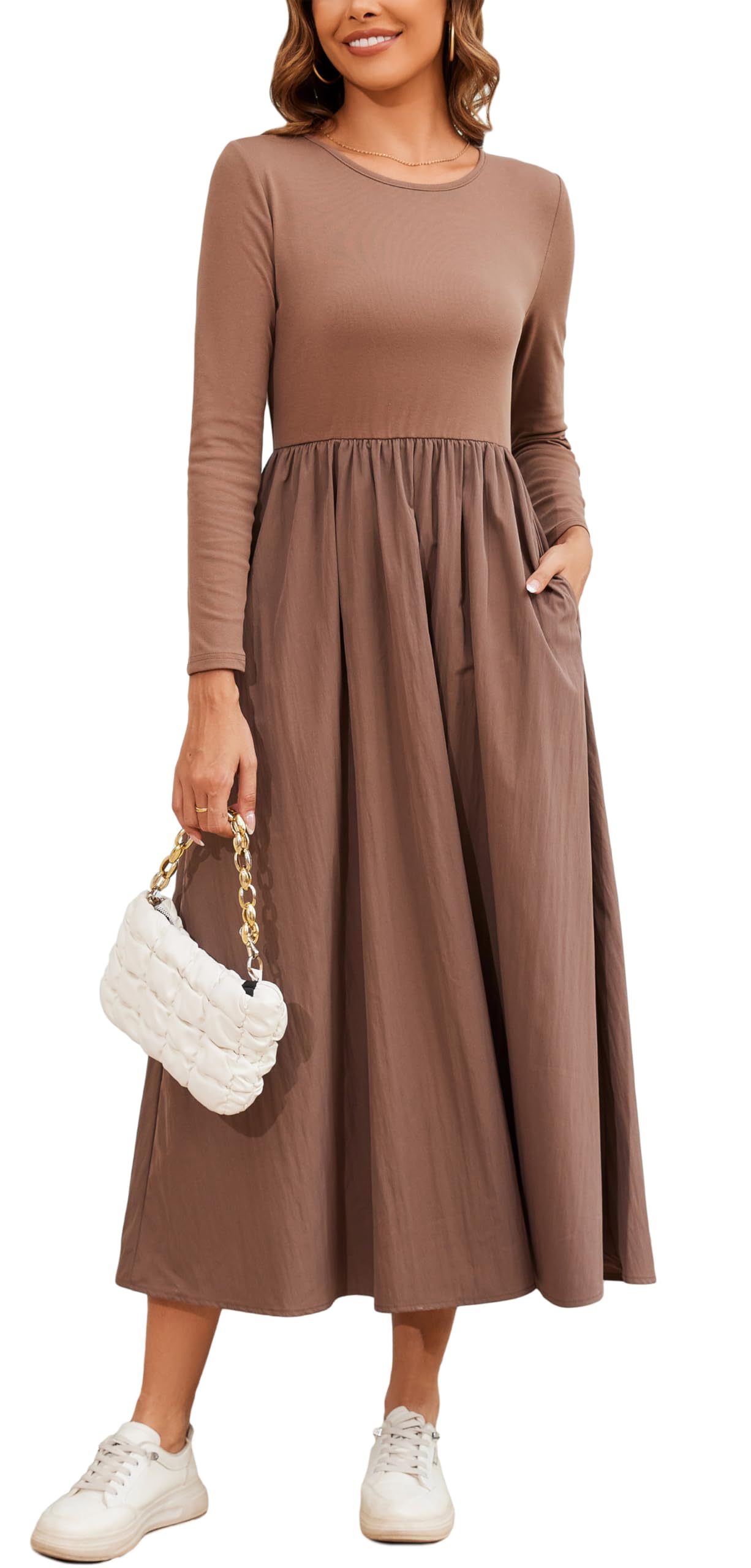 Kormei Women Casual Long Sleeve Dresses Fall Dresses A Line Solid Wedding Guest Flowy Dress with Pockets