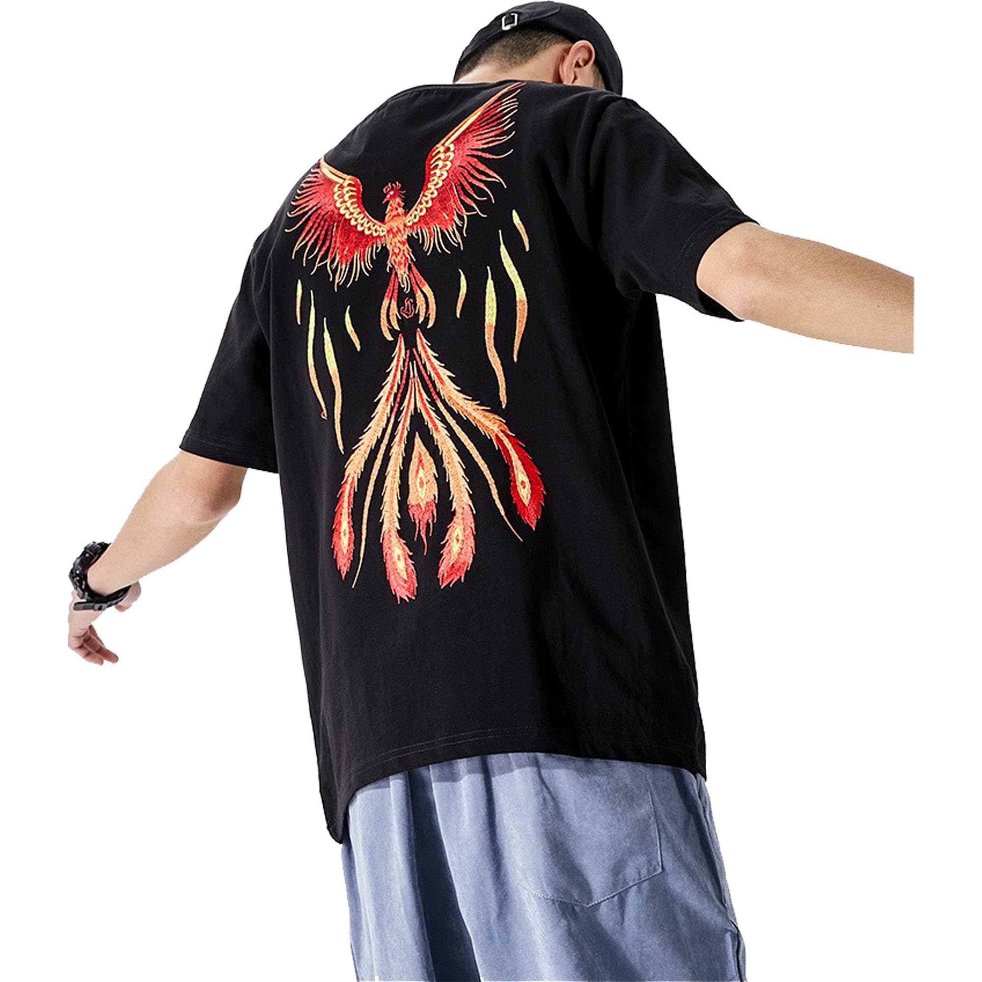 HaiZi XiHuanMen's Summer Phoenix Embroidered T Shirt Chinese Style Street Fashion Shirt Anime Mens Shirts Graphic Tee Shirts