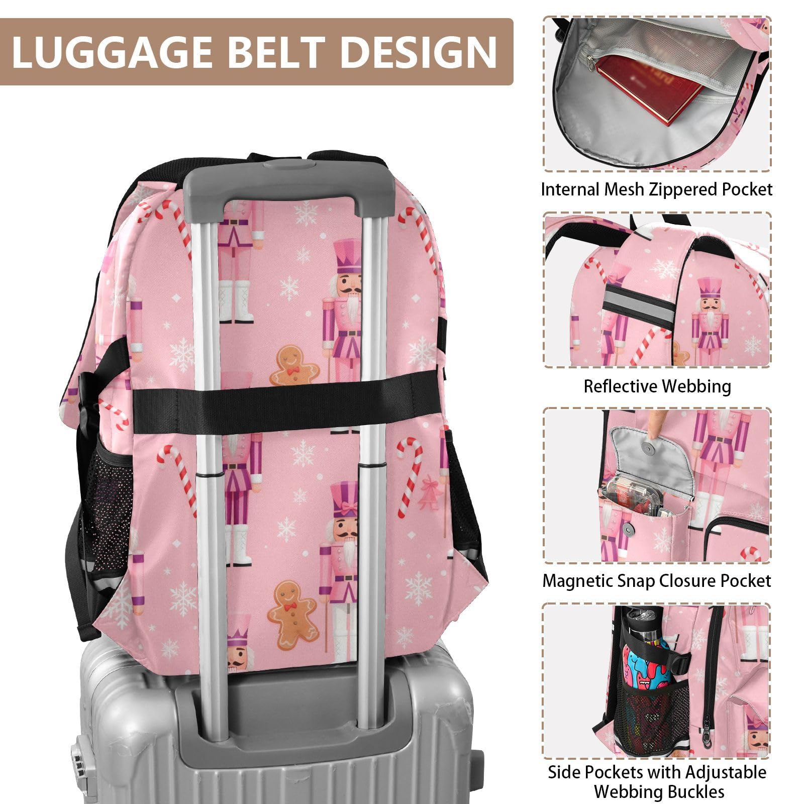 Grand sac à dos de voyage rose motif soldats casse-noisette pour homme et femme - Sac à dos rose pour adolescentes et filles - 43,2 à 5 pouces
