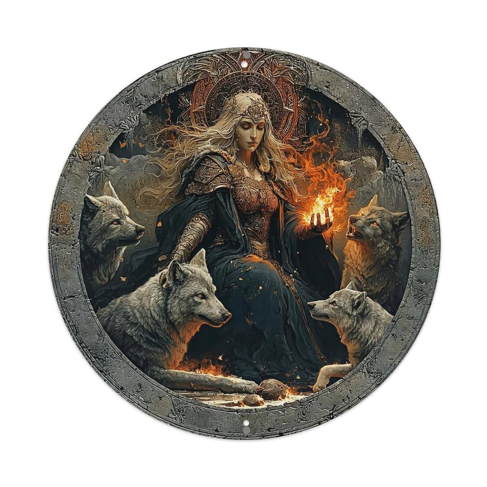 Mystic Woman With Wolves And Fire(1) Round Metal Tin Sign Vintage Wall Decor, Bar Garage Cafe Kitchen Home Wall Art Poster 8x8inches