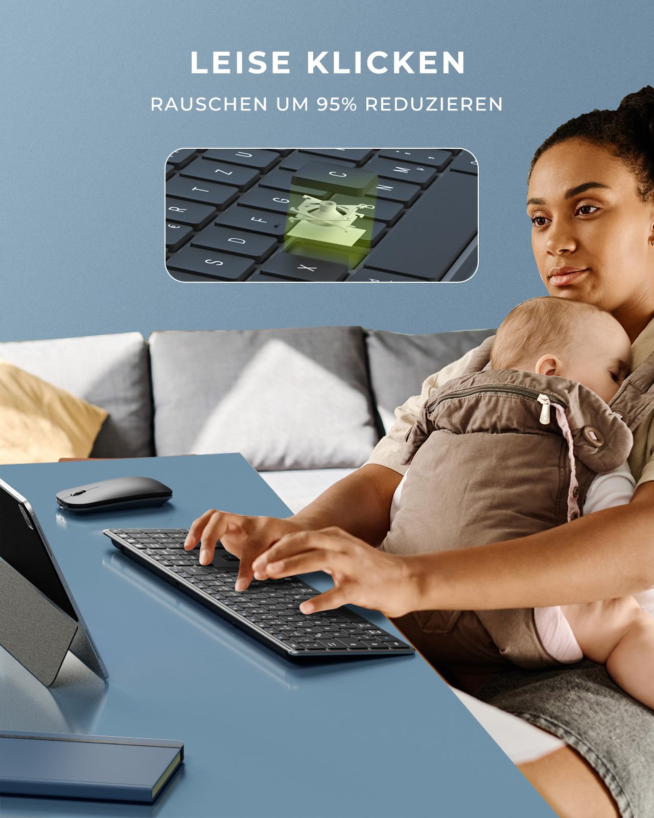 seenda SKM64-3 Clavier Bluetooth avec souris, clavier sans fil pour Windows/Mac/iPad/Android, souris sans fil ultra fine + silencieuse, connexion à 3 appareils, disposition QWERTZ (gris)