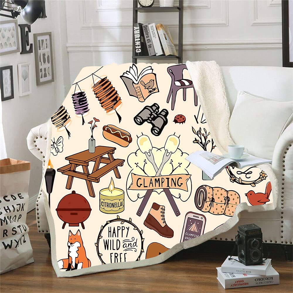 Camping Blanket Camper Decor Fleece Throw Blankets Happy Camping Soft Plush Warm Sherpa Blanket for Women and Men Gifts for Camping Lovers (Camping Blanket2, 130x150cm(50x60inches))