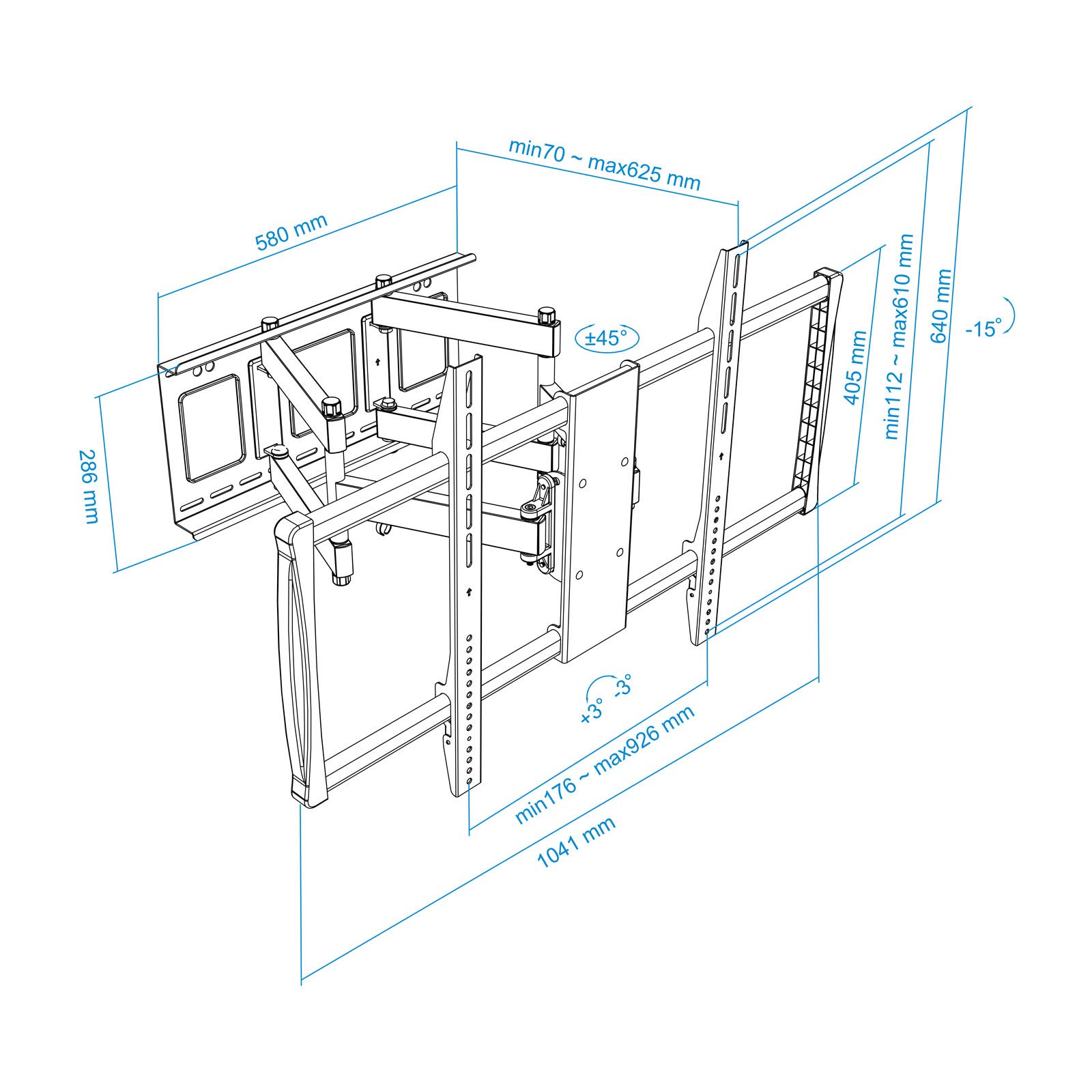 Tooq LP75100TN-B - Soporte de Pared VIDEOWALL para TV de 60" a 100" hasta 80Kg de Peso, Distancia a la parde Desde 70 mm hasta 625 mm, Vesa máximo 600 x 900, inclinación -15+5°, Color Negro
